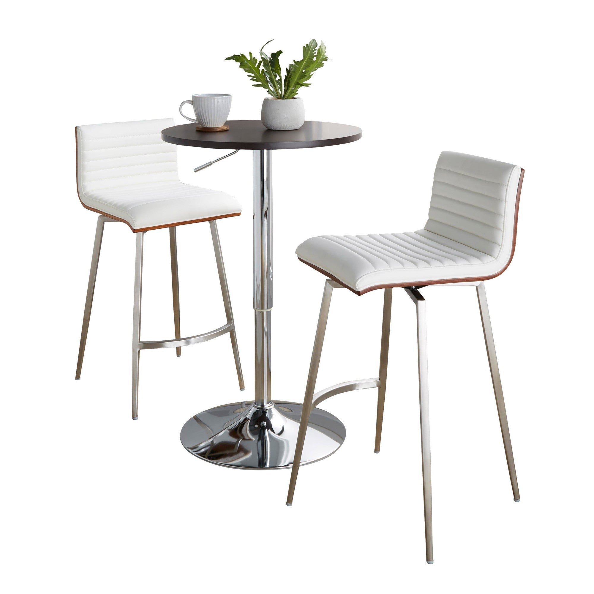 Mason Swivel Adjustable Counter Height Dining Set - 3 Piece - Chrome Metal, Brown Wood, White PU, Stainless Steel