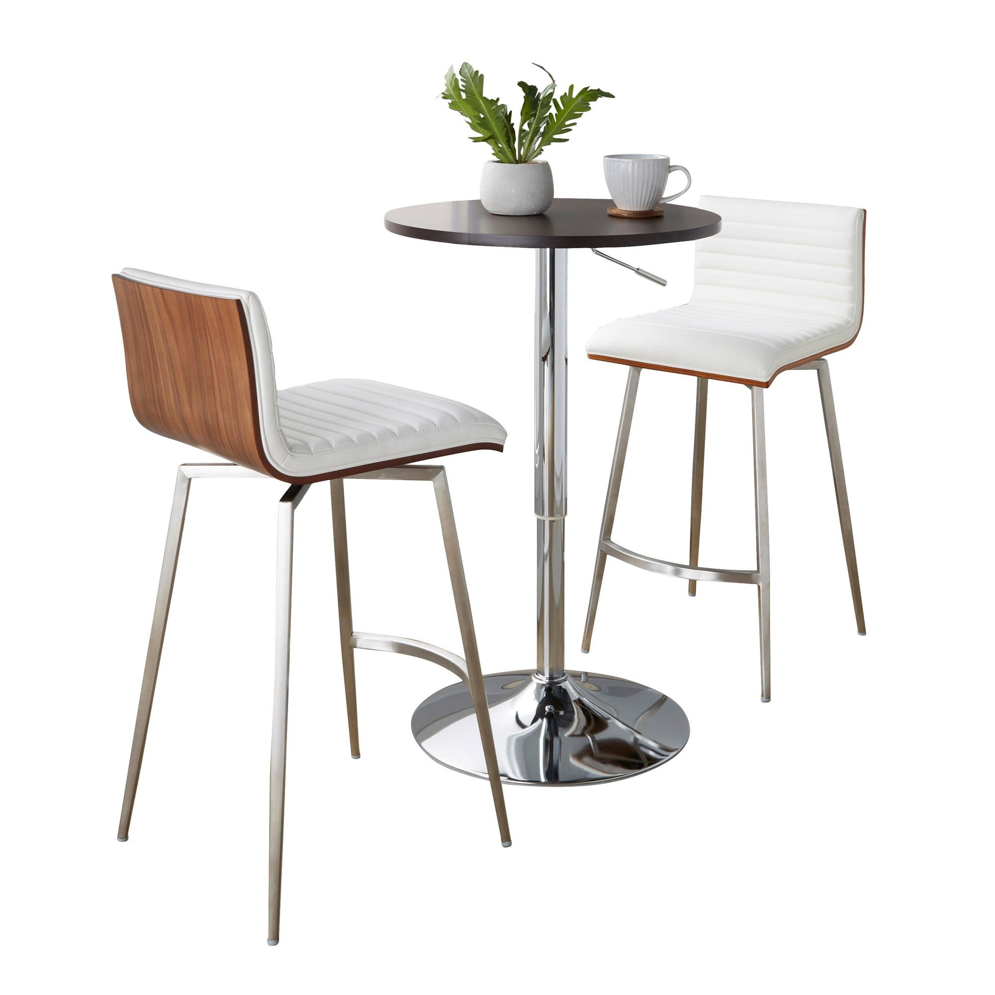 Mason Swivel Adjustable Counter Height Dining Set - 3 Piece - Chrome Metal, Brown Wood, White PU, Stainless Steel