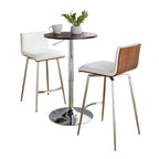 Mason Swivel Adjustable Counter Height Dining Set - 3 Piece - Chrome Metal, Brown Wood, White PU, Stainless Steel