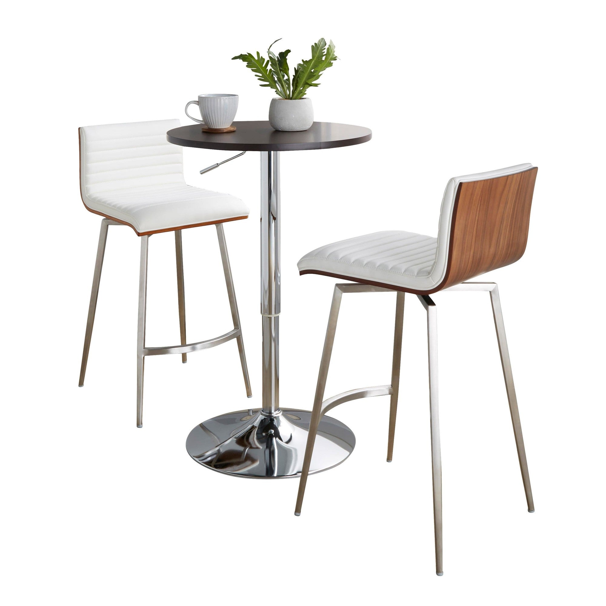 Mason Swivel Adjustable Counter Height Dining Set - 3 Piece - Chrome Metal, Brown Wood, White PU, Stainless Steel