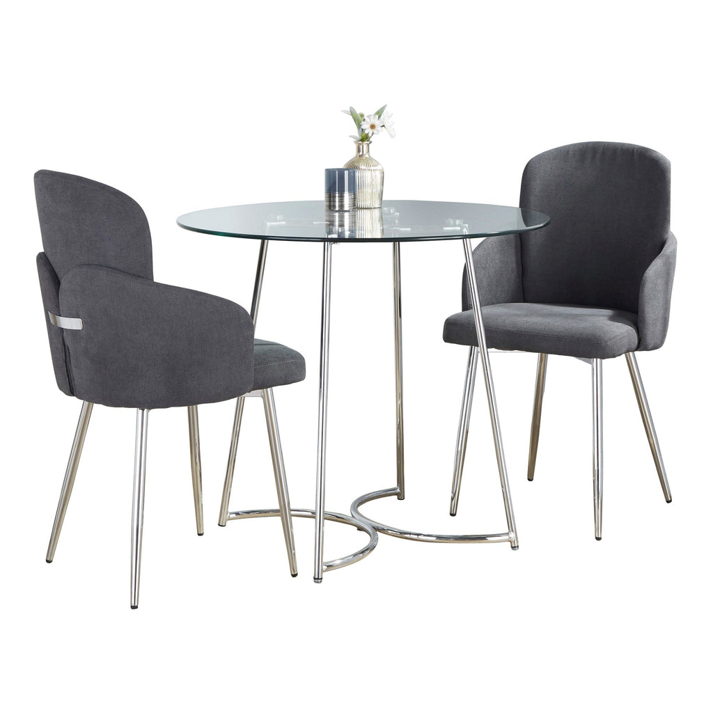 Cece-dahlia Dining Set - 3 Piece - Chrome Metal, Clear Glass, Grey Fabric