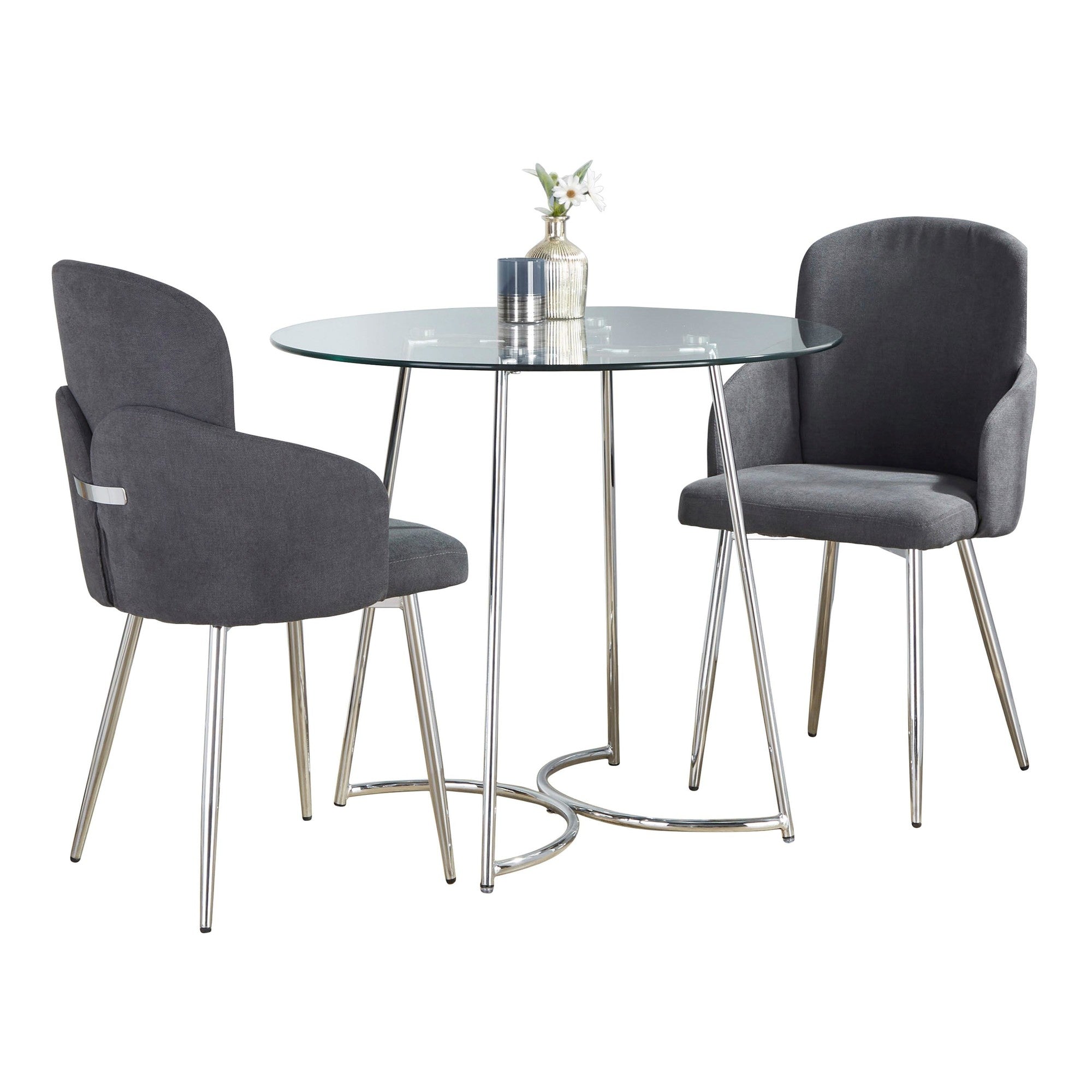 Cece-dahlia Dining Set - 3 Piece - Chrome Metal, Clear Glass, Grey Fabric