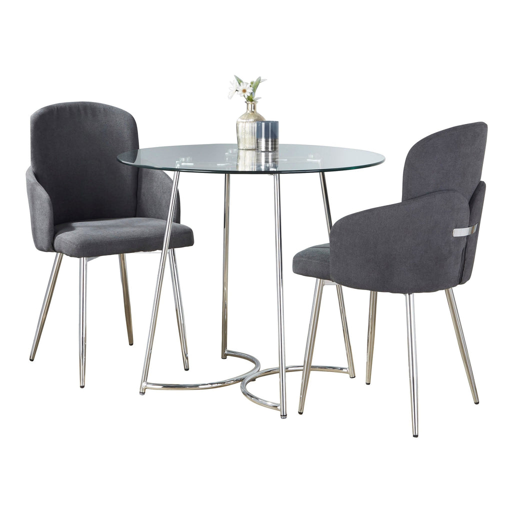 Cece-dahlia Dining Set - 3 Piece - Chrome Metal, Clear Glass, Grey Fabric