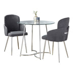 Cece-dahlia Dining Set - 3 Piece - Chrome Metal, Clear Glass, Grey Fabric
