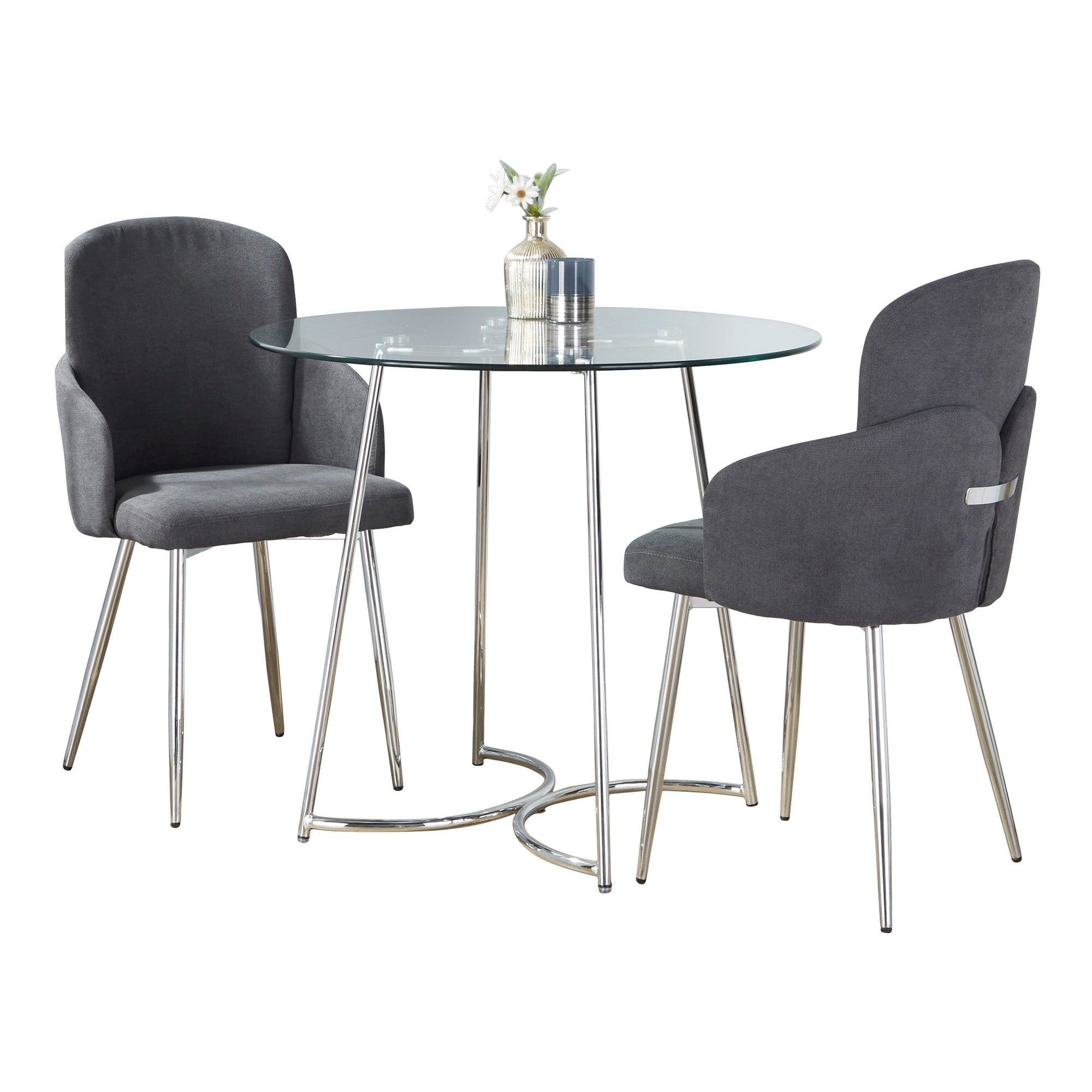 Cece-dahlia Dining Set - 3 Piece - Chrome Metal, Clear Glass, Grey Fabric