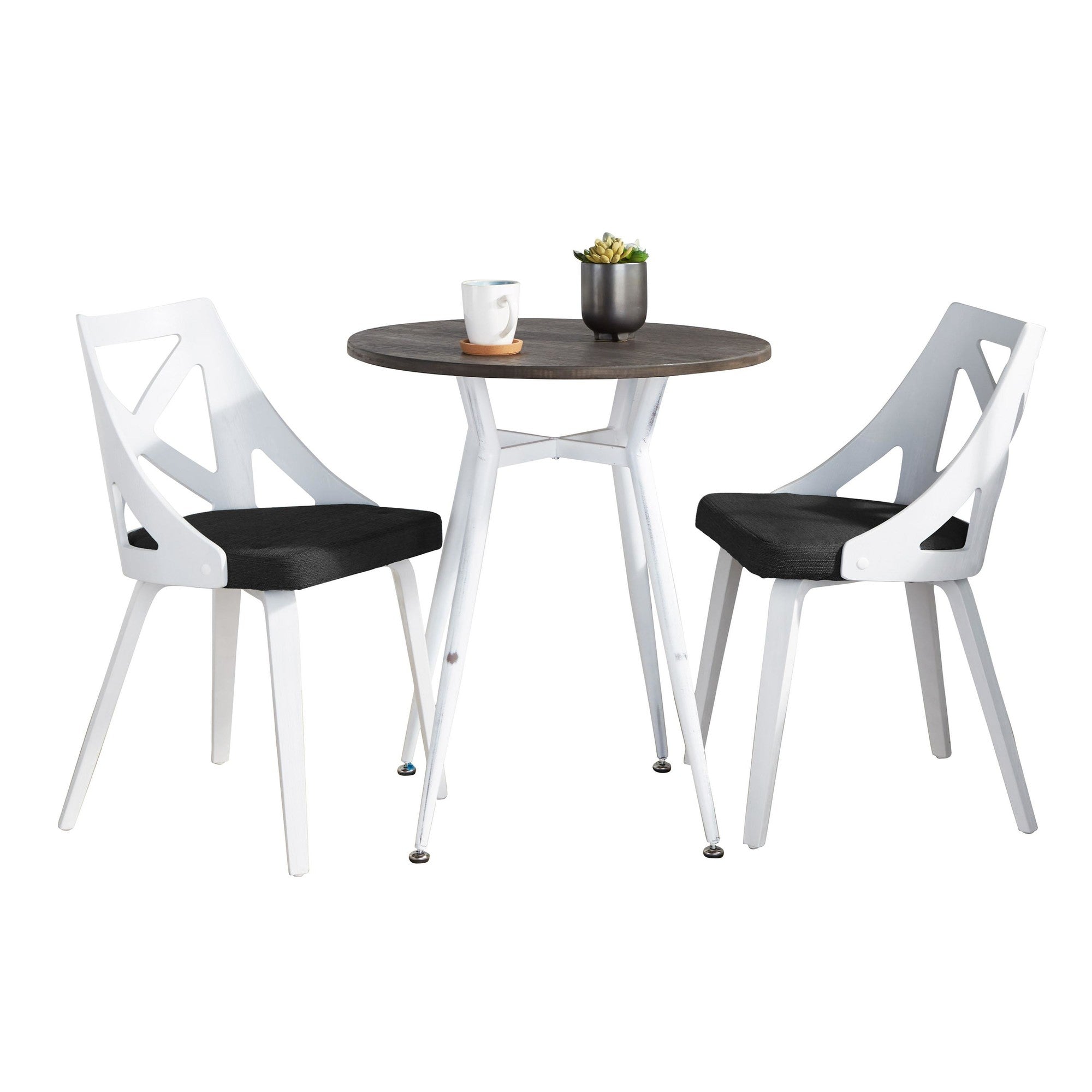 Clara-charlotte Round Dinette Set - 3 Piece - Vintage White Metal, Espresso Bamboo, Charcoal Fabric, White Textured Wood