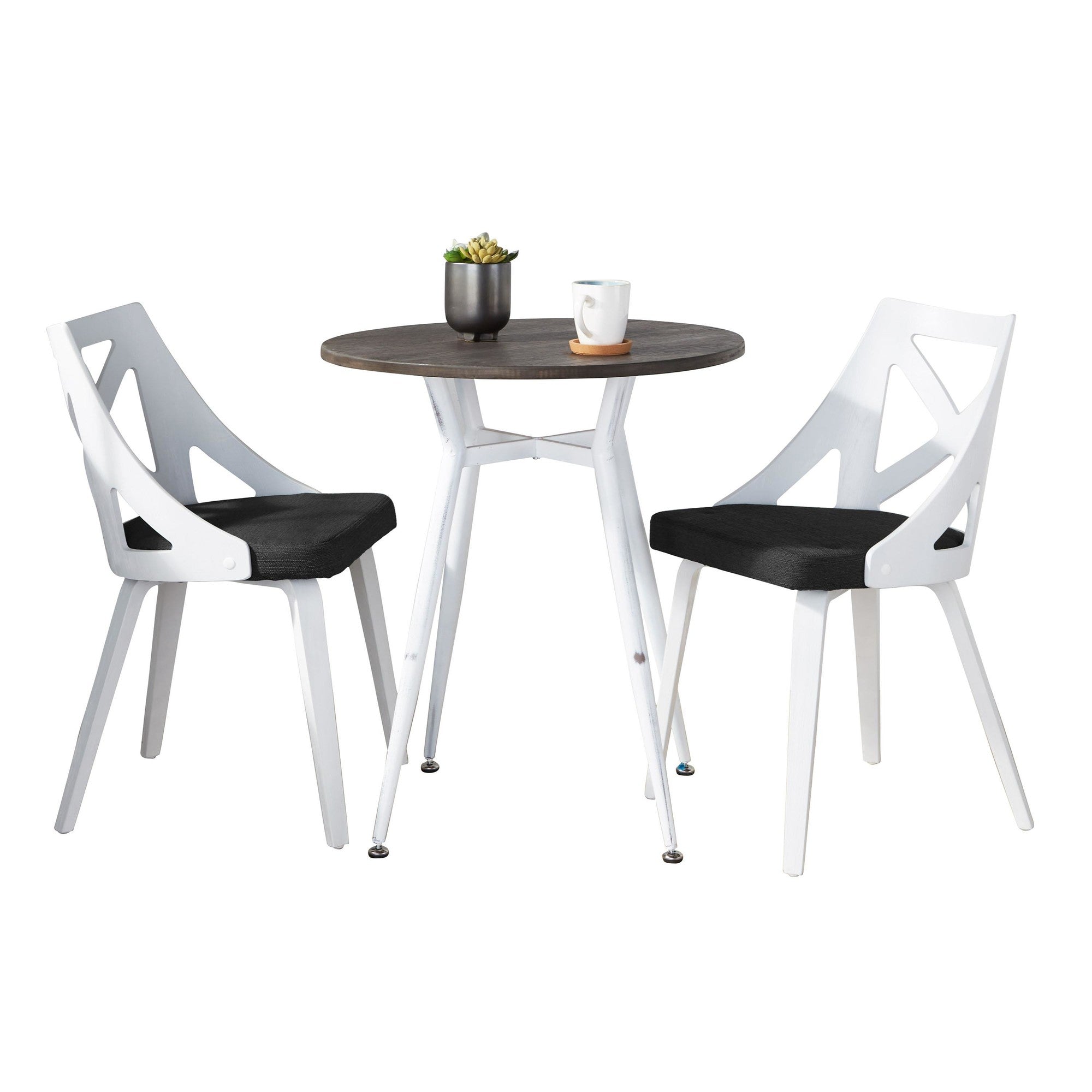 Clara-charlotte Round Dinette Set - 3 Piece - Vintage White Metal, Espresso Bamboo, Charcoal Fabric, White Textured Wood