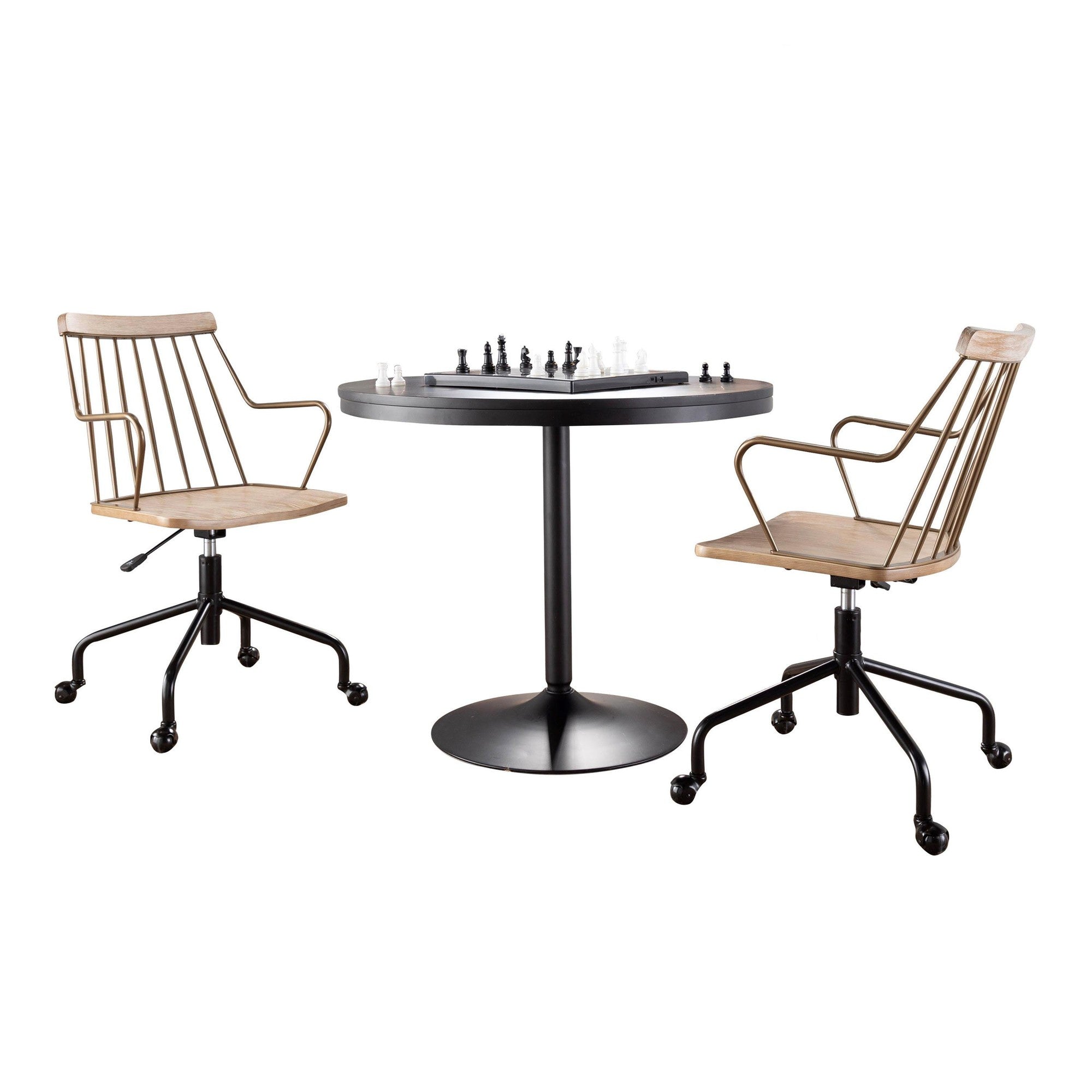 Dakota-preston Dining Set - 3 Piece - Black Metal, Black Wood, Antique Copper, Whitewashed Wood