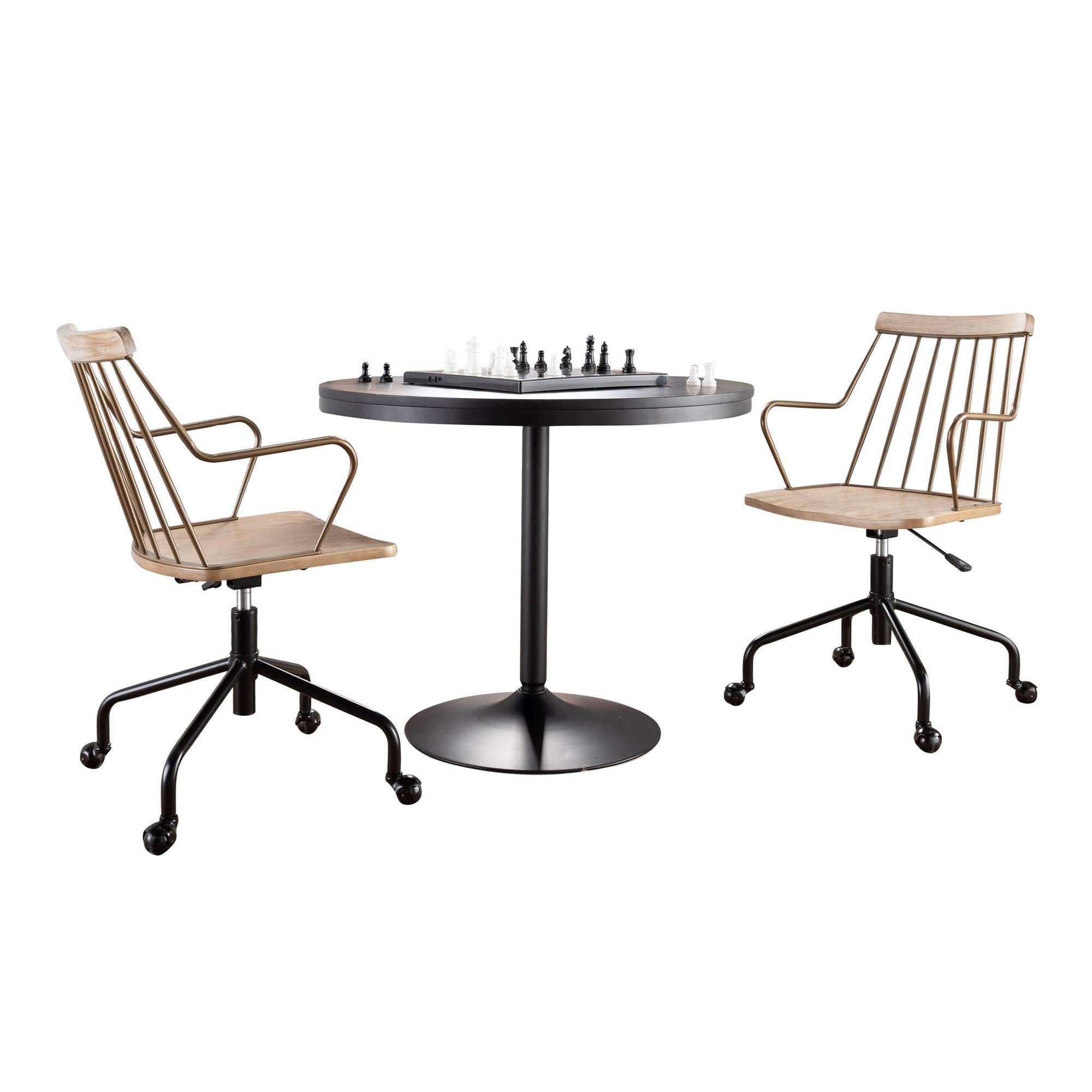 Dakota-preston Dining Set - 3 Piece - Black Metal, Black Wood, Antique Copper, Whitewashed Wood