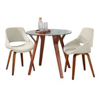 Folia Round Fabrico Dining Set - 3 Piece - Walnut Wood, Clear Glass, Cream Noise Fabric