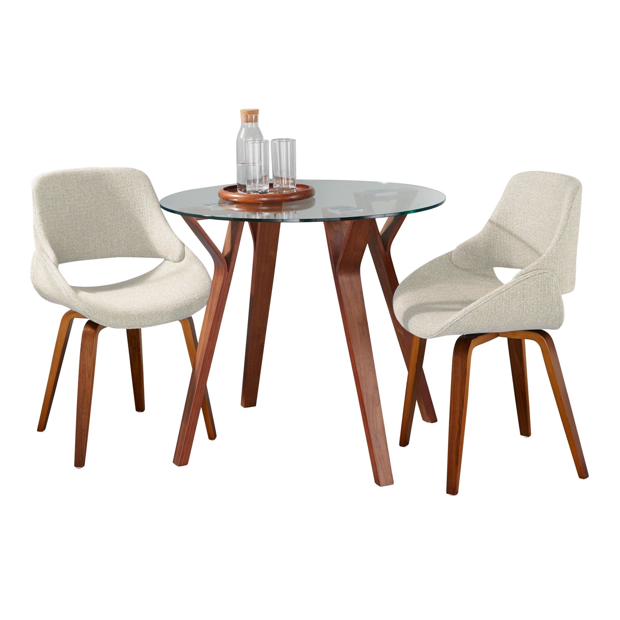 Folia Round Fabrico Dining Set - 3 Piece - Walnut Wood, Clear Glass, Cream Noise Fabric