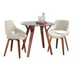 Folia Round Fabrico Dining Set - 3 Piece - Walnut Wood, Clear Glass, Cream Noise Fabric