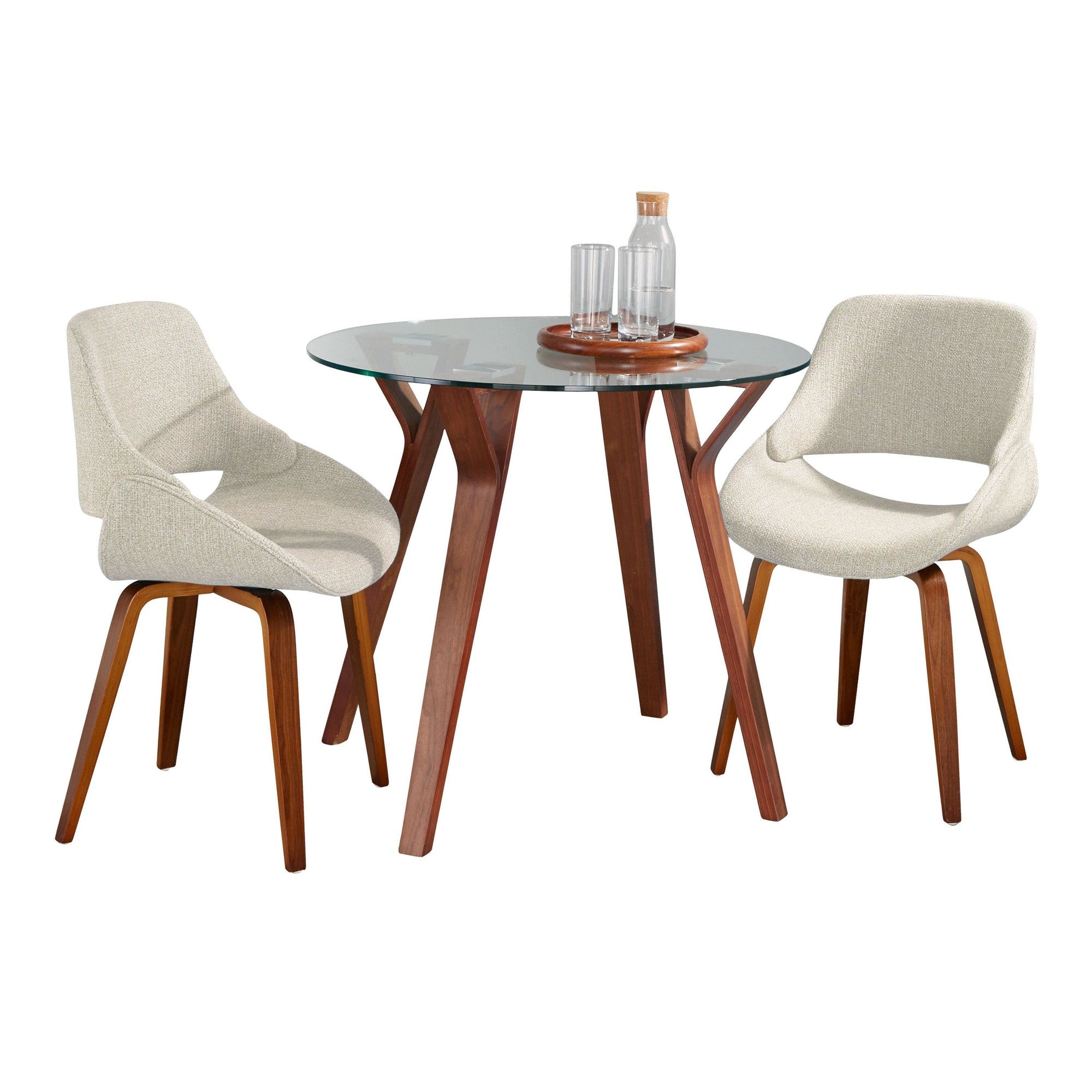 Folia Round Fabrico Dining Set - 3 Piece - Walnut Wood, Clear Glass, Cream Noise Fabric