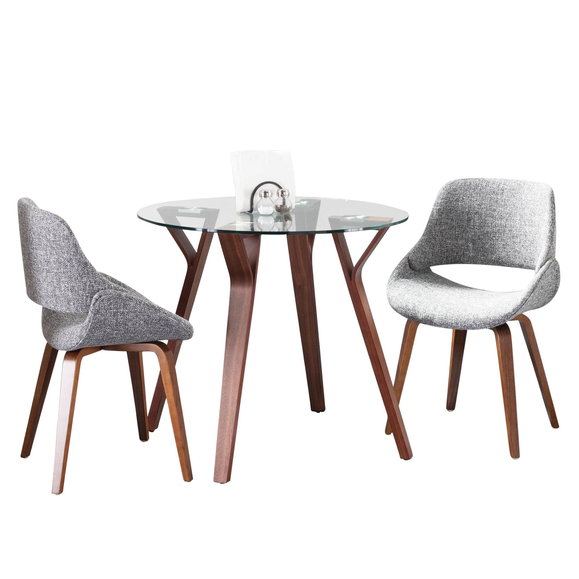 Folia Round Fabrico Dining Set - 3 Piece - Walnut Wood, Clear Glass, Grey Fabric