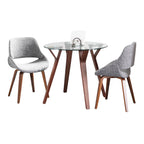 Folia Round Fabrico Dining Set - 3 Piece - Walnut Wood, Clear Glass, Grey Fabric