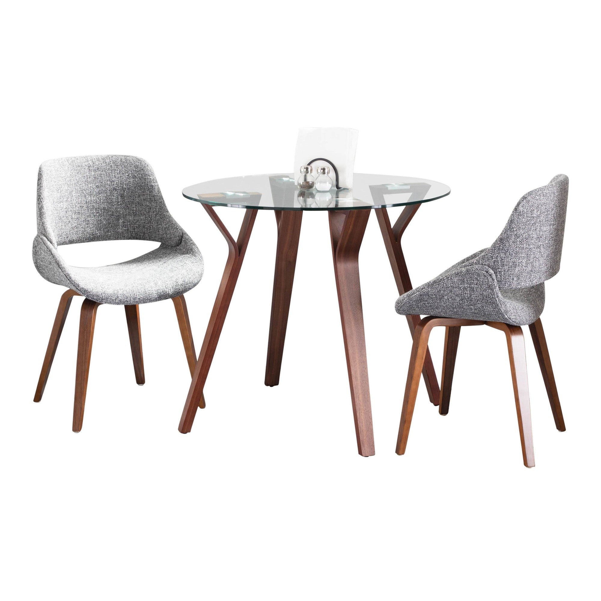 Folia Round Fabrico Dining Set - 3 Piece - Walnut Wood, Clear Glass, Grey Fabric