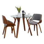 Folia Round Fabrizzi Dining Set - 3 Piece - Walnut Wood, Clear Glass, Grey Fabric