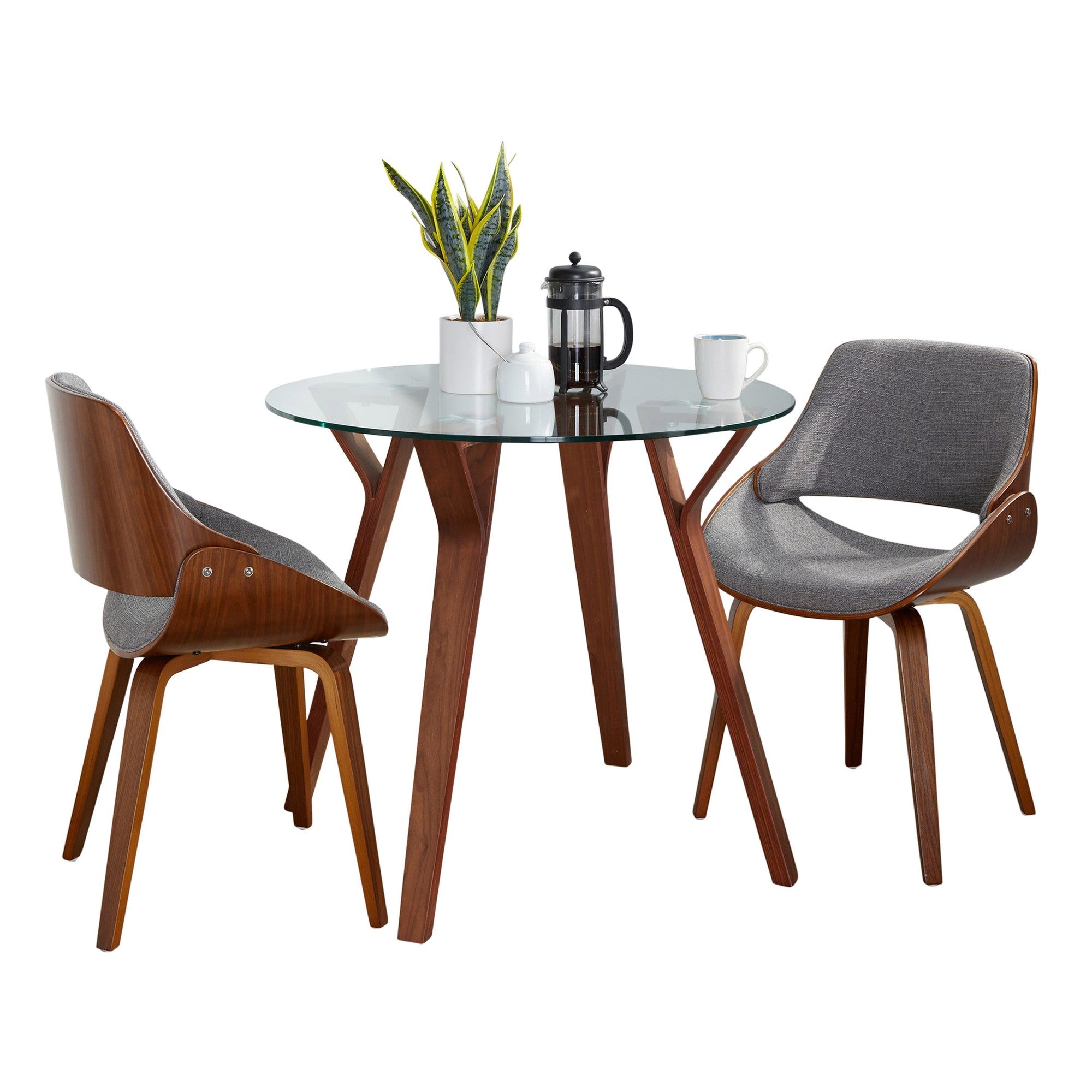 Folia Round Fabrizzi Dining Set - 3 Piece - Walnut Wood, Clear Glass, Grey Fabric