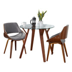 Folia Round Fabrizzi Dining Set - 3 Piece - Walnut Wood, Clear Glass, Grey Fabric