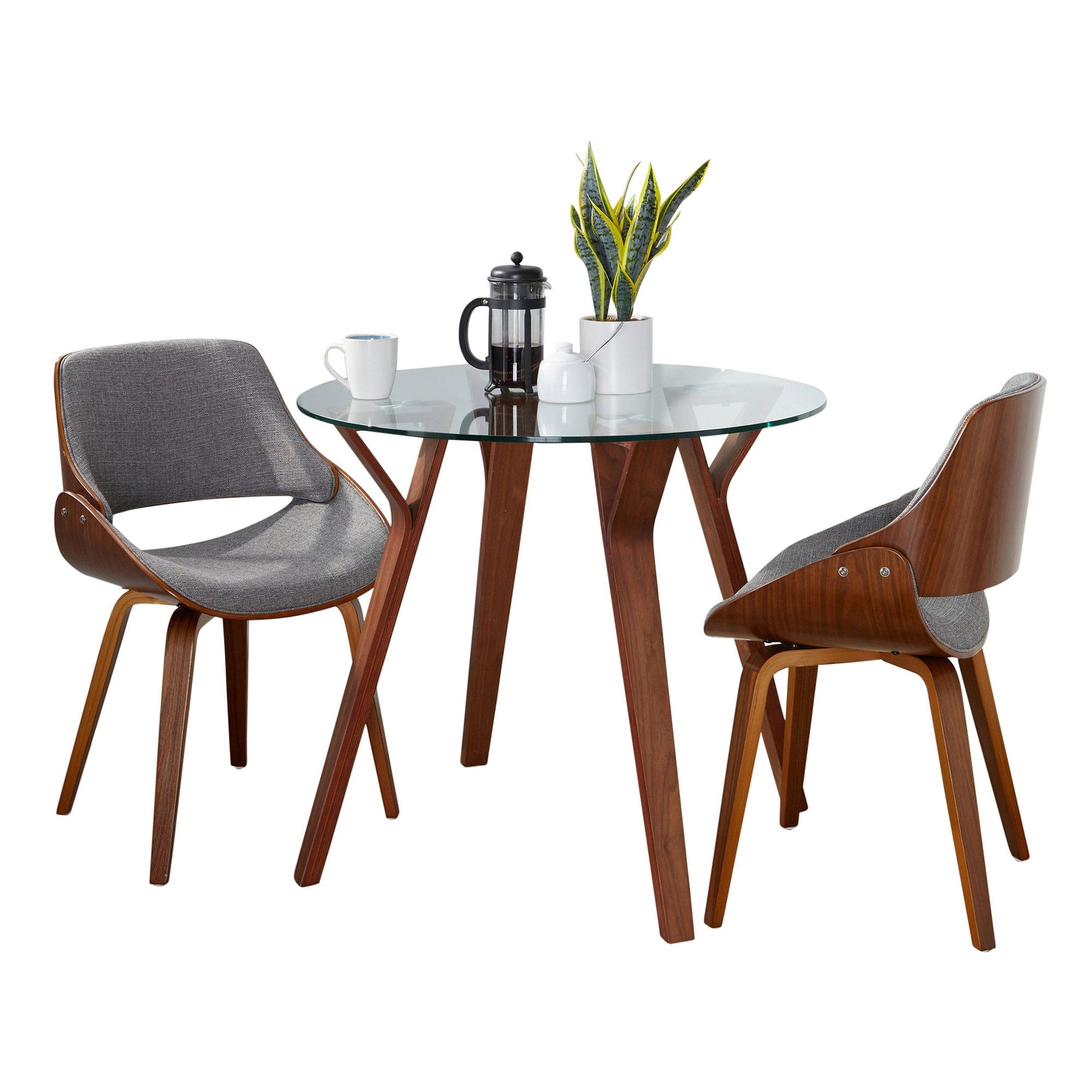 Folia Round Fabrizzi Dining Set - 3 Piece - Walnut Wood, Clear Glass, Grey Fabric