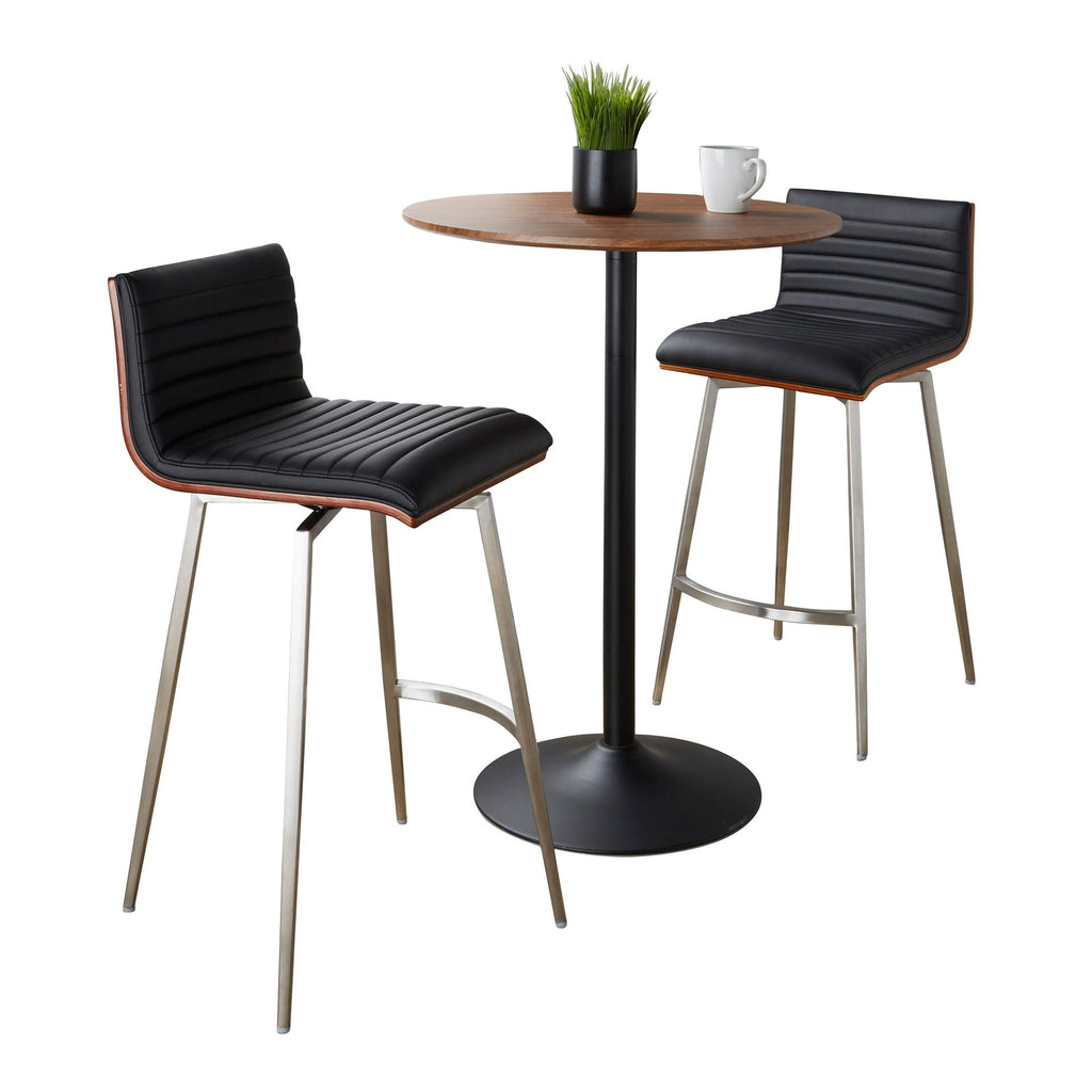 Pebble-mason Swivel Counter Height Dining Set - 3 Piece - Black Metal, Walnut Wood, Black PU, Stainless Steel
