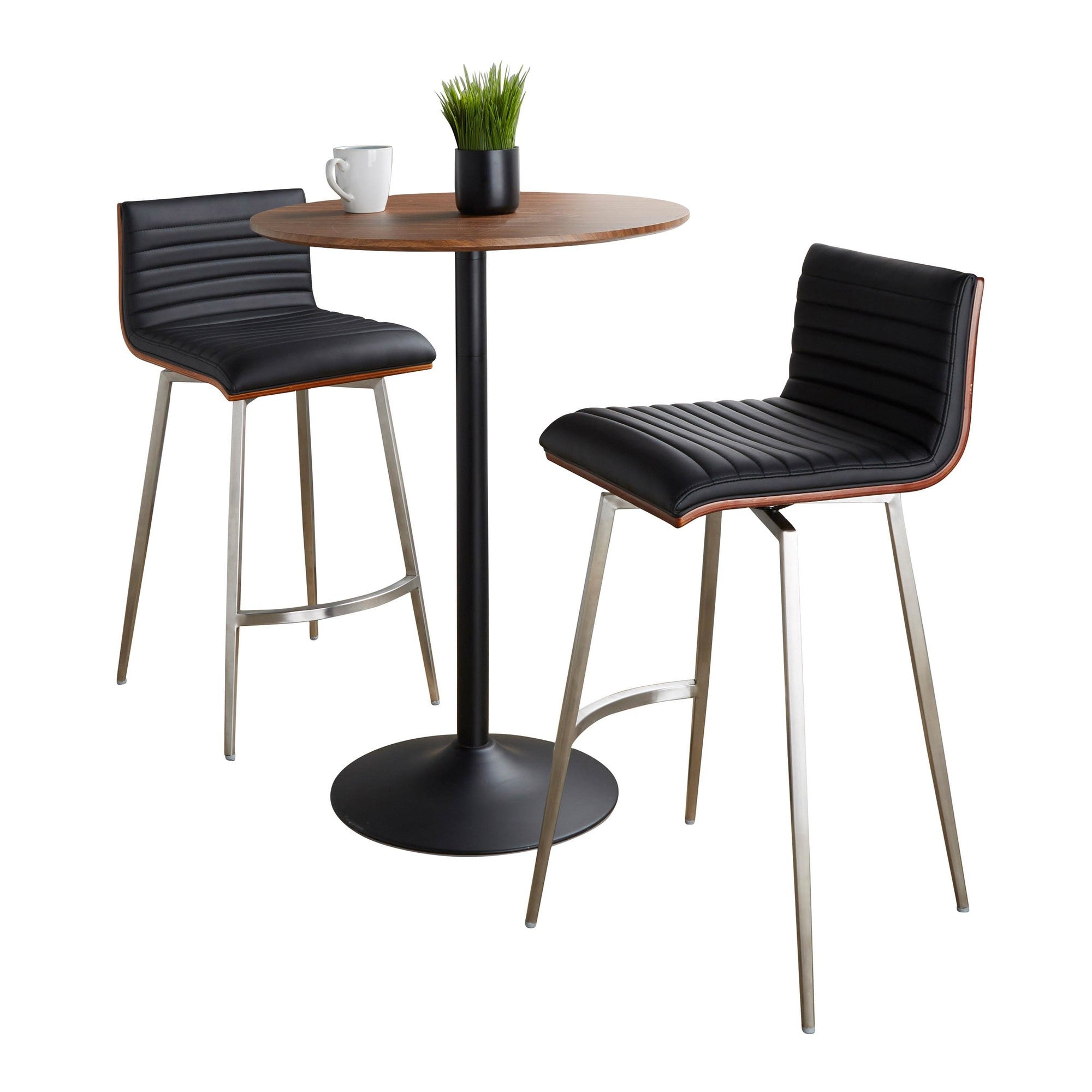 Pebble-mason Swivel Counter Height Dining Set - 3 Piece - Black Metal, Walnut Wood, Black PU, Stainless Steel