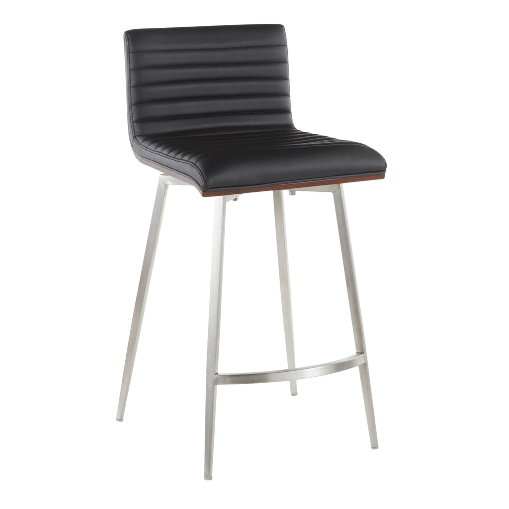 Pebble-mason Swivel Counter Height Dining Set - 3 Piece - Black Metal, Walnut Wood, Black PU, Stainless Steel
