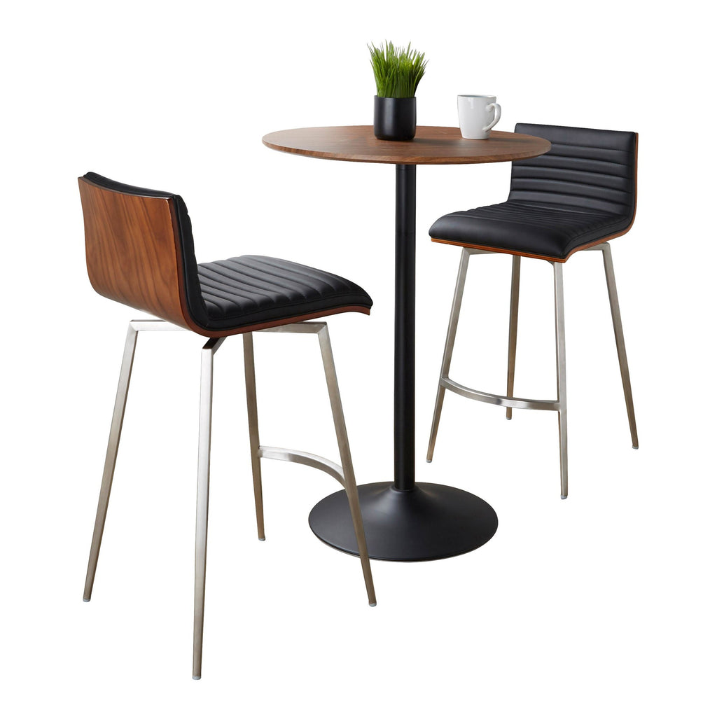 Pebble-mason Swivel Counter Height Dining Set - 3 Piece - Black Metal, Walnut Wood, Black PU, Stainless Steel
