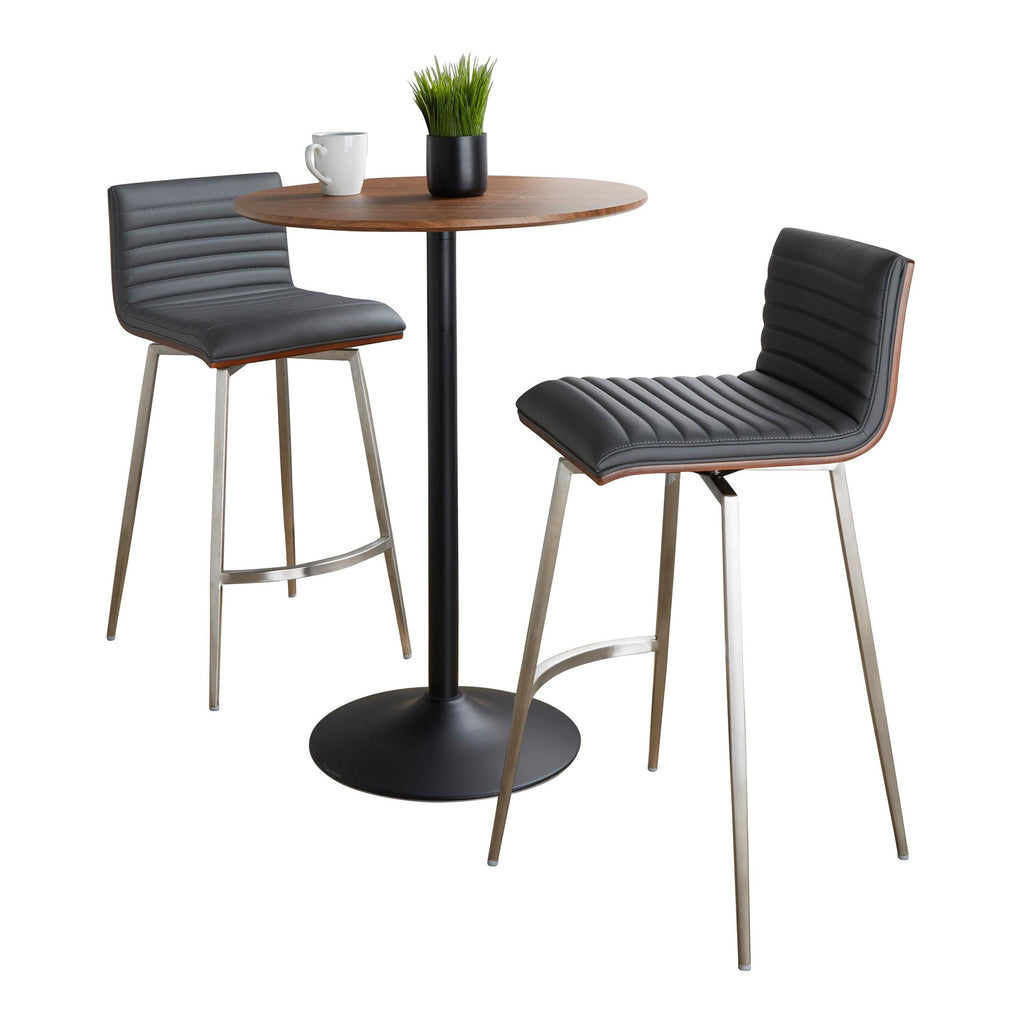Pebble-mason Swivel Counter Height Dining Set - 3 Piece - Black Metal, Walnut Wood, Grey PU, Stainless Steel
