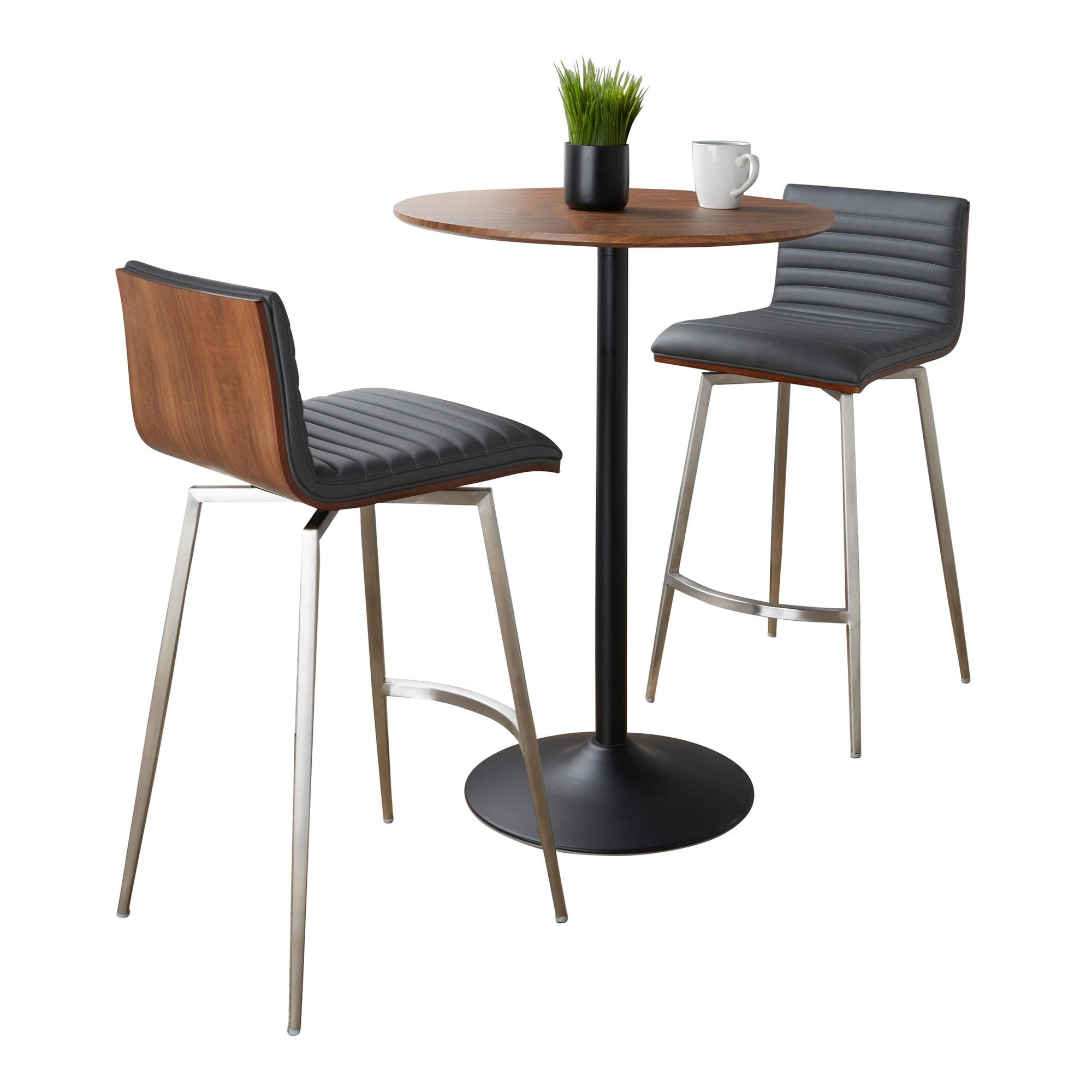 Pebble-mason Swivel Counter Height Dining Set - 3 Piece - Black Metal, Walnut Wood, Grey PU, Stainless Steel