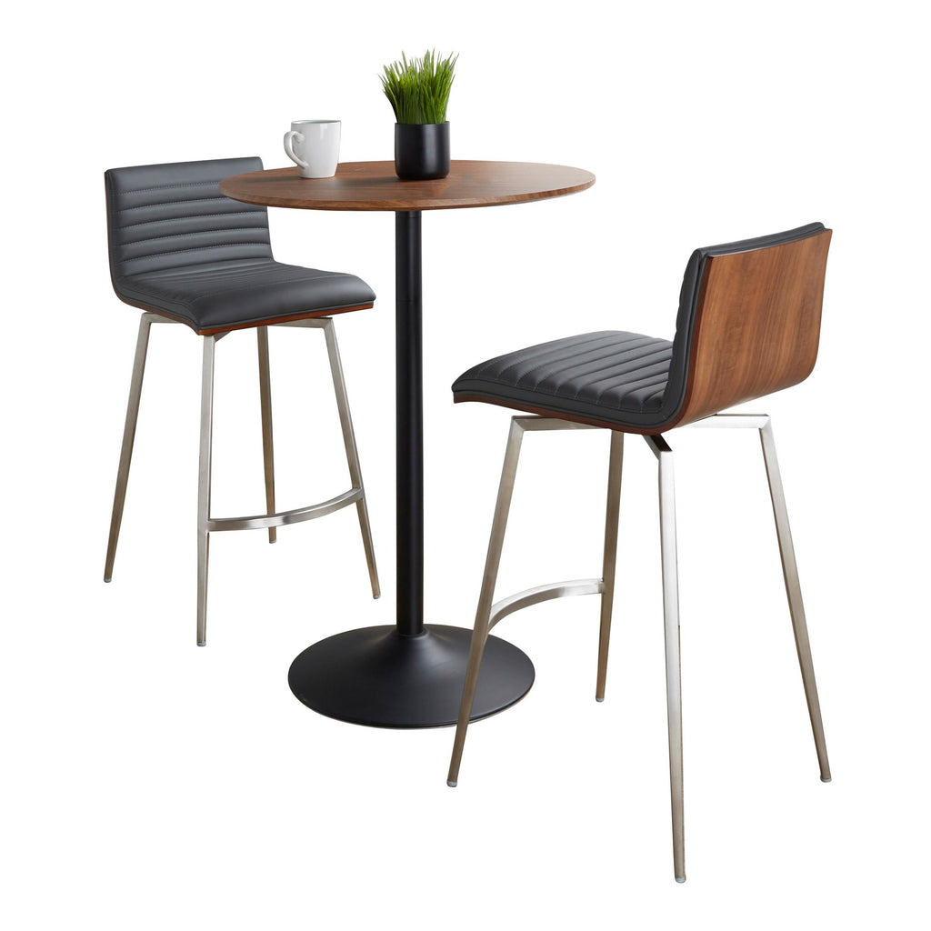 Pebble-mason Swivel Counter Height Dining Set - 3 Piece - Black Metal, Walnut Wood, Grey PU, Stainless Steel