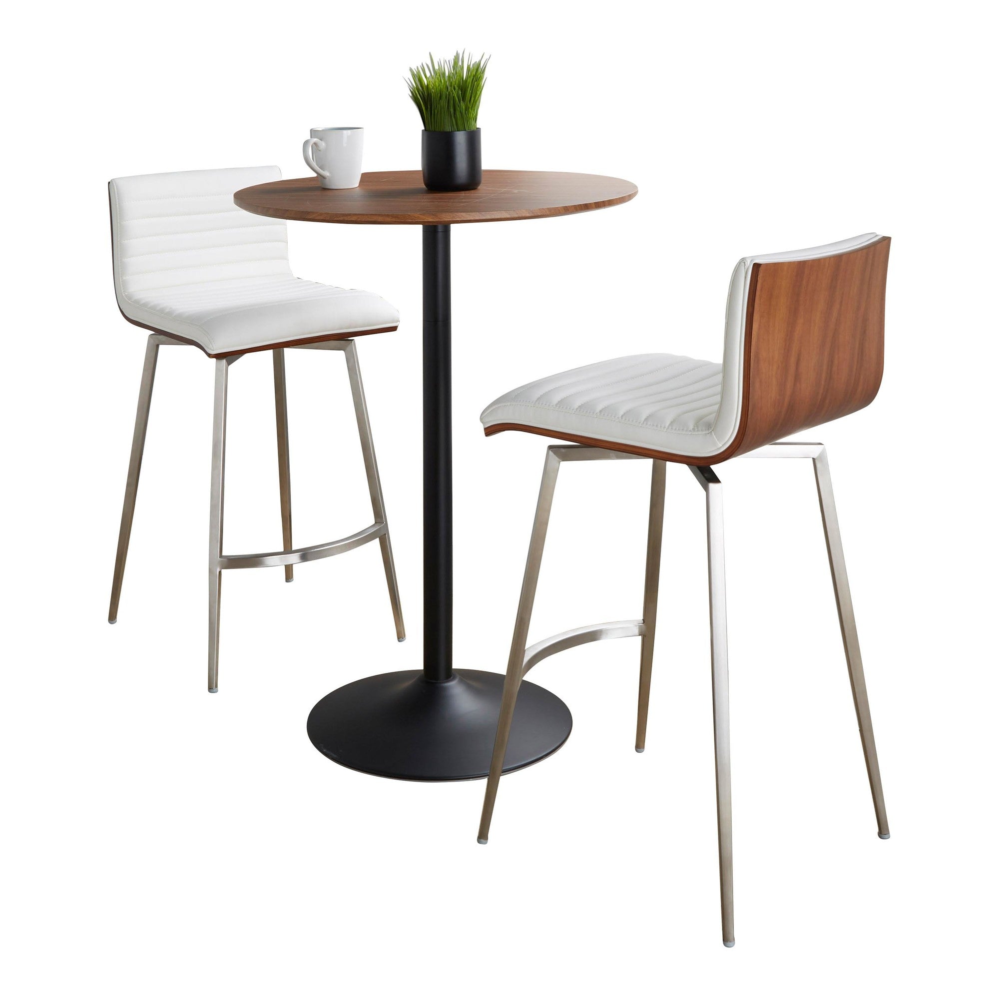 Pebble-mason Swivel Counter Height Dining Set - 3 Piece - Black Metal, Walnut Wood, White PU, Stainless Steel