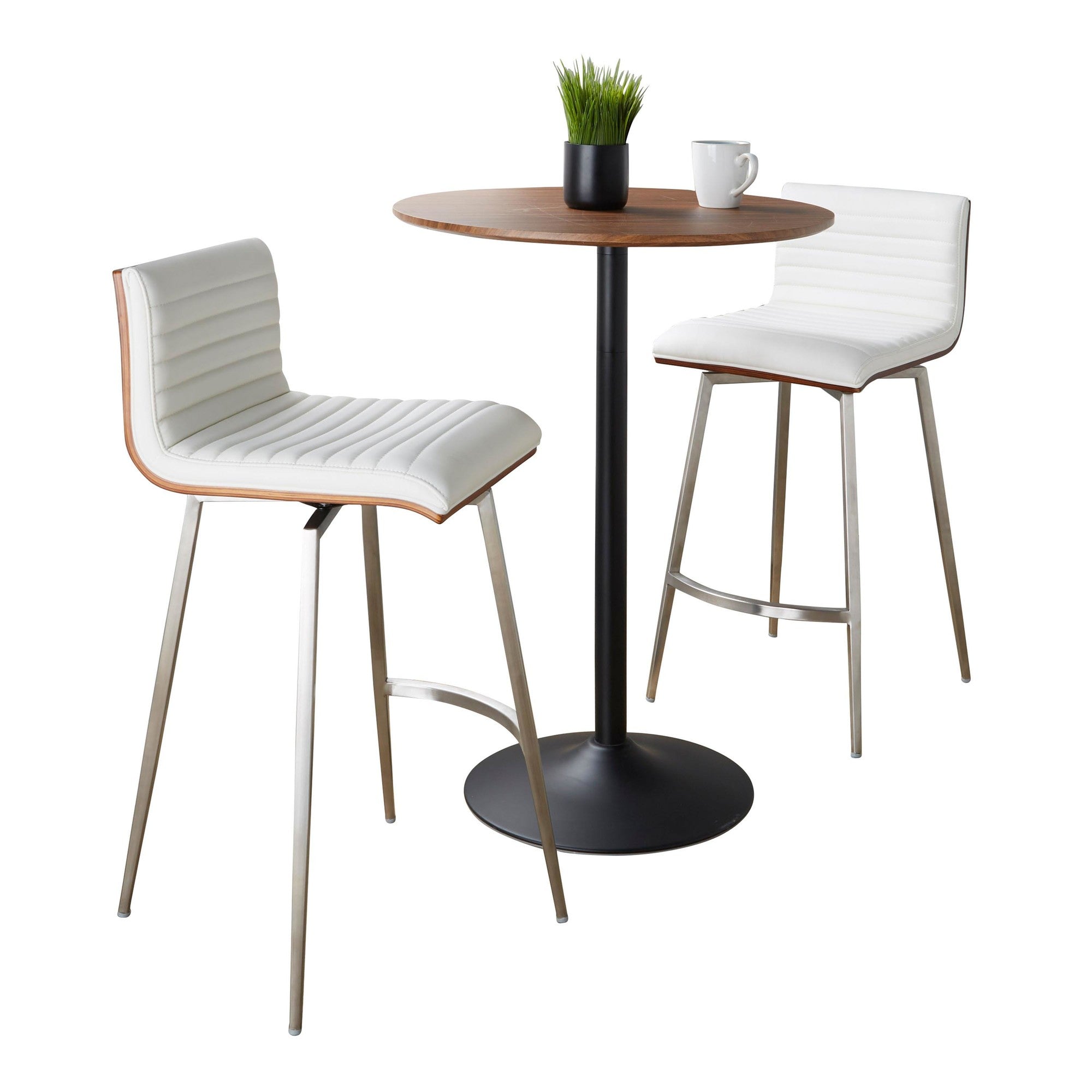 Pebble-mason Swivel Counter Height Dining Set - 3 Piece - Black Metal, Walnut Wood, White PU, Stainless Steel