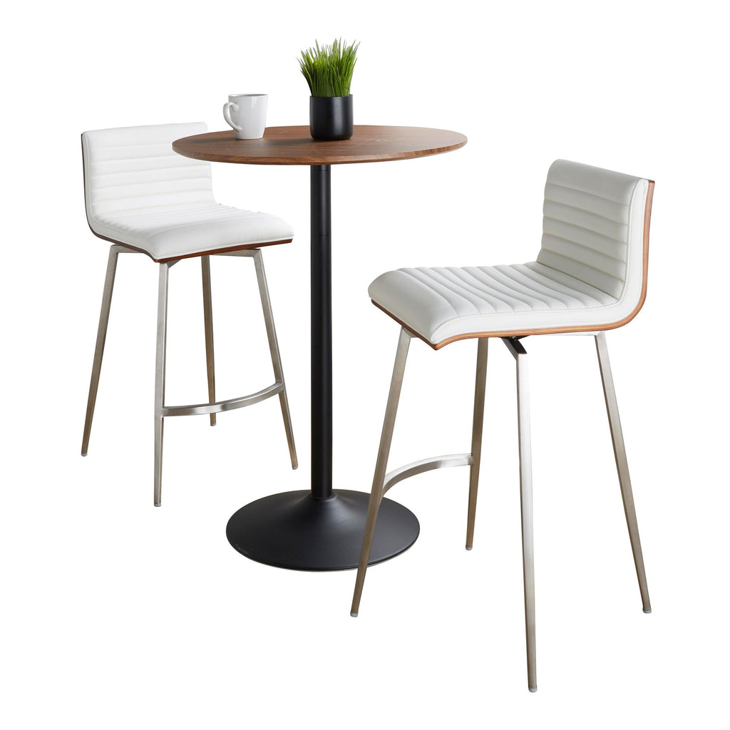 Pebble-mason Swivel Counter Height Dining Set - 3 Piece - Black Metal, Walnut Wood, White PU, Stainless Steel