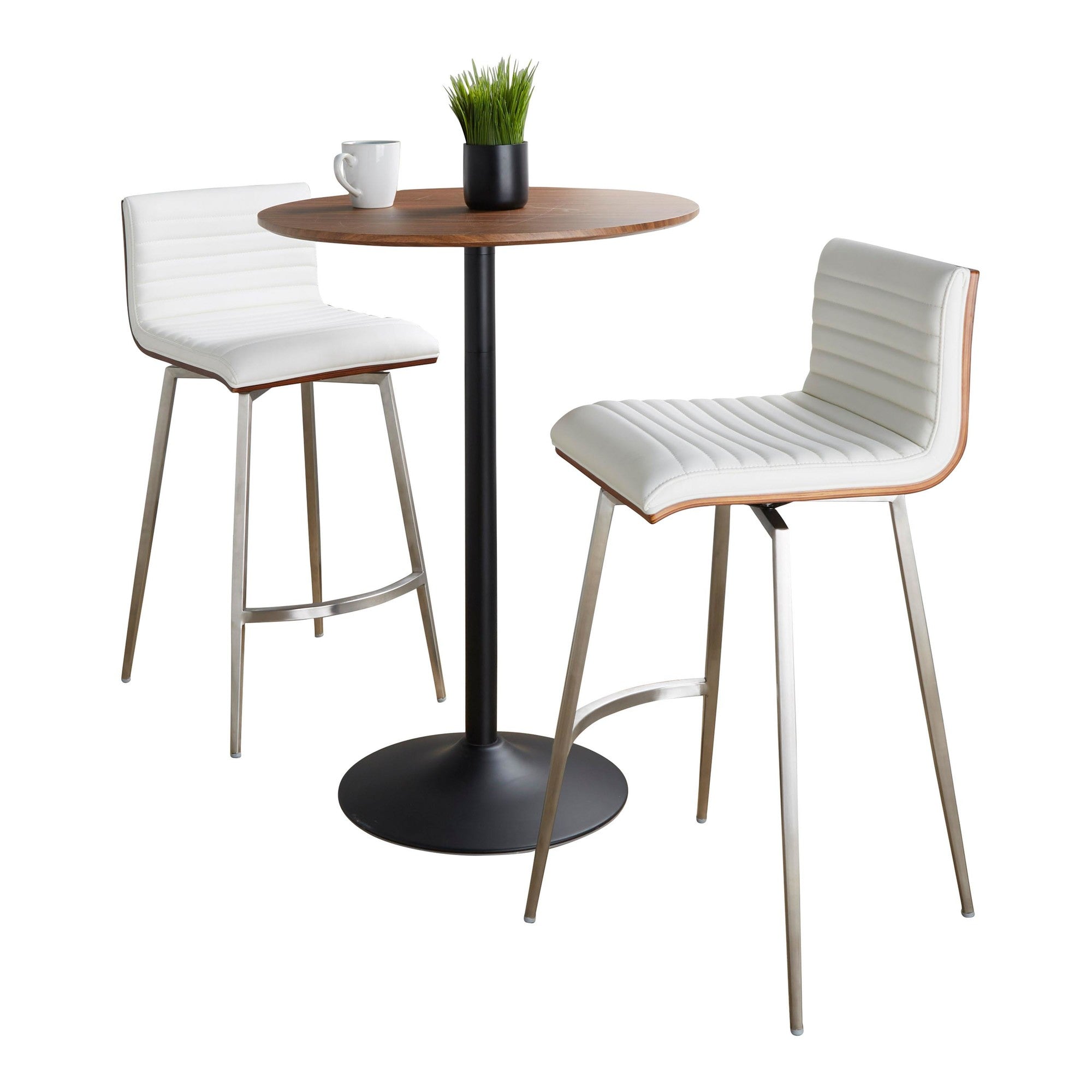 Pebble-mason Swivel Counter Height Dining Set - 3 Piece - Black Metal, Walnut Wood, White PU, Stainless Steel
