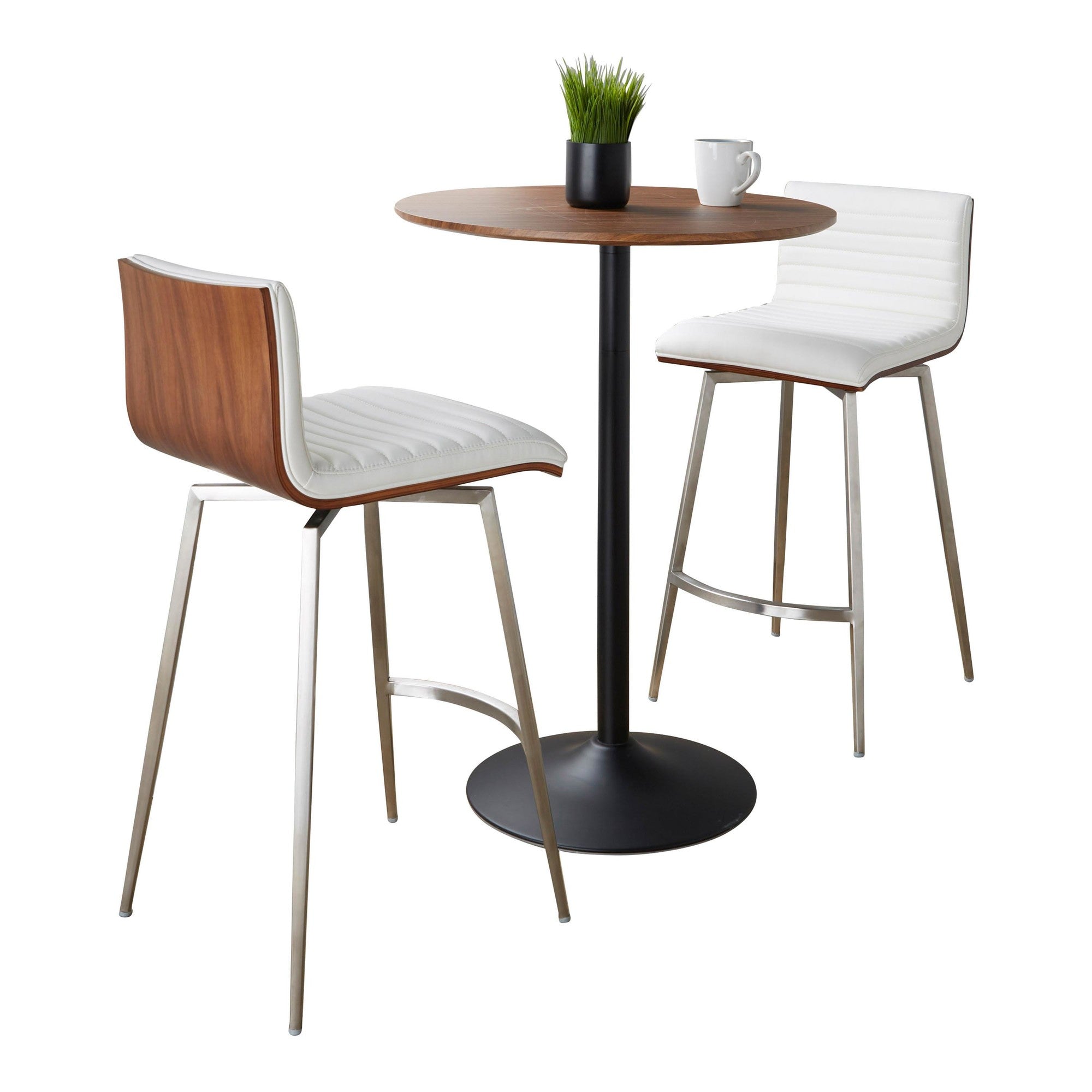 Pebble-mason Swivel Counter Height Dining Set - 3 Piece - Black Metal, Walnut Wood, White PU, Stainless Steel
