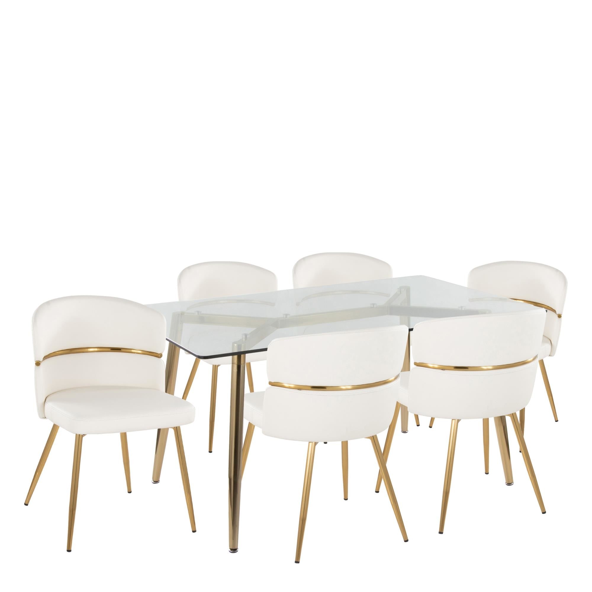 Clara-Cinch Dining Set - 5 Piece - Gold Metal, Clear Glass, White Pu