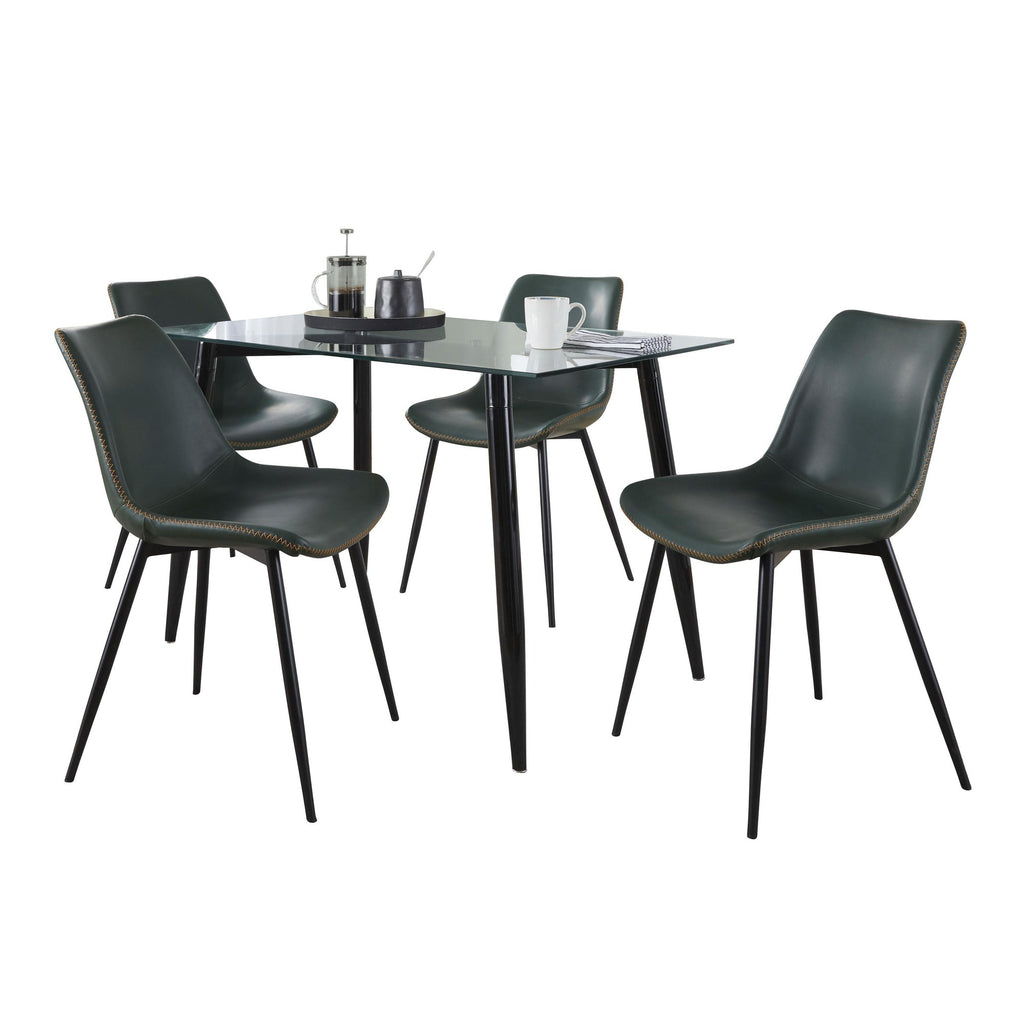 Clara-durango Dining Set - 5 Piece - Black Metal, Clear Glass, Green PU, Orange Zig Zag Stitching