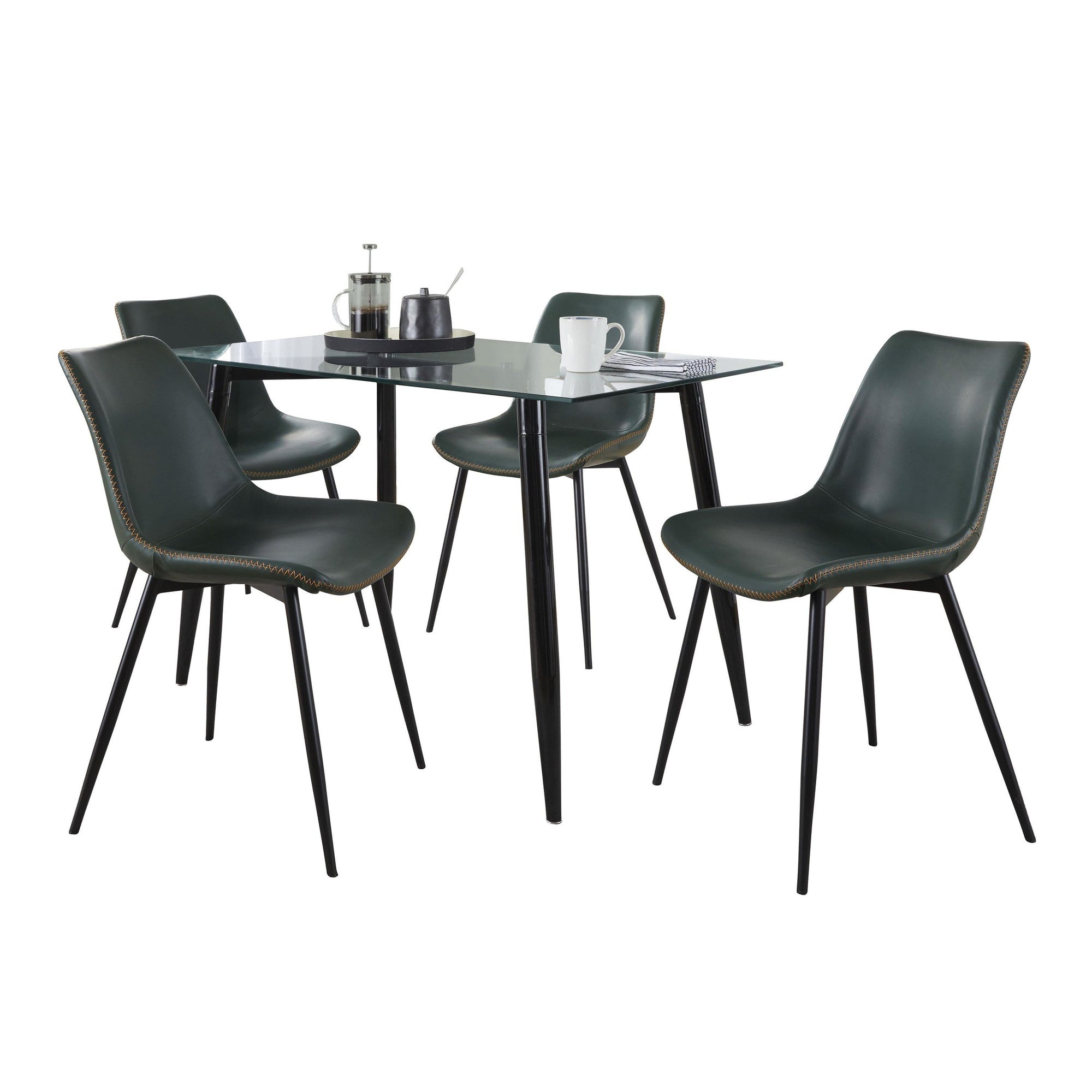 Clara-durango Dining Set - 5 Piece - Black Metal, Clear Glass, Green PU, Orange Zig Zag Stitching