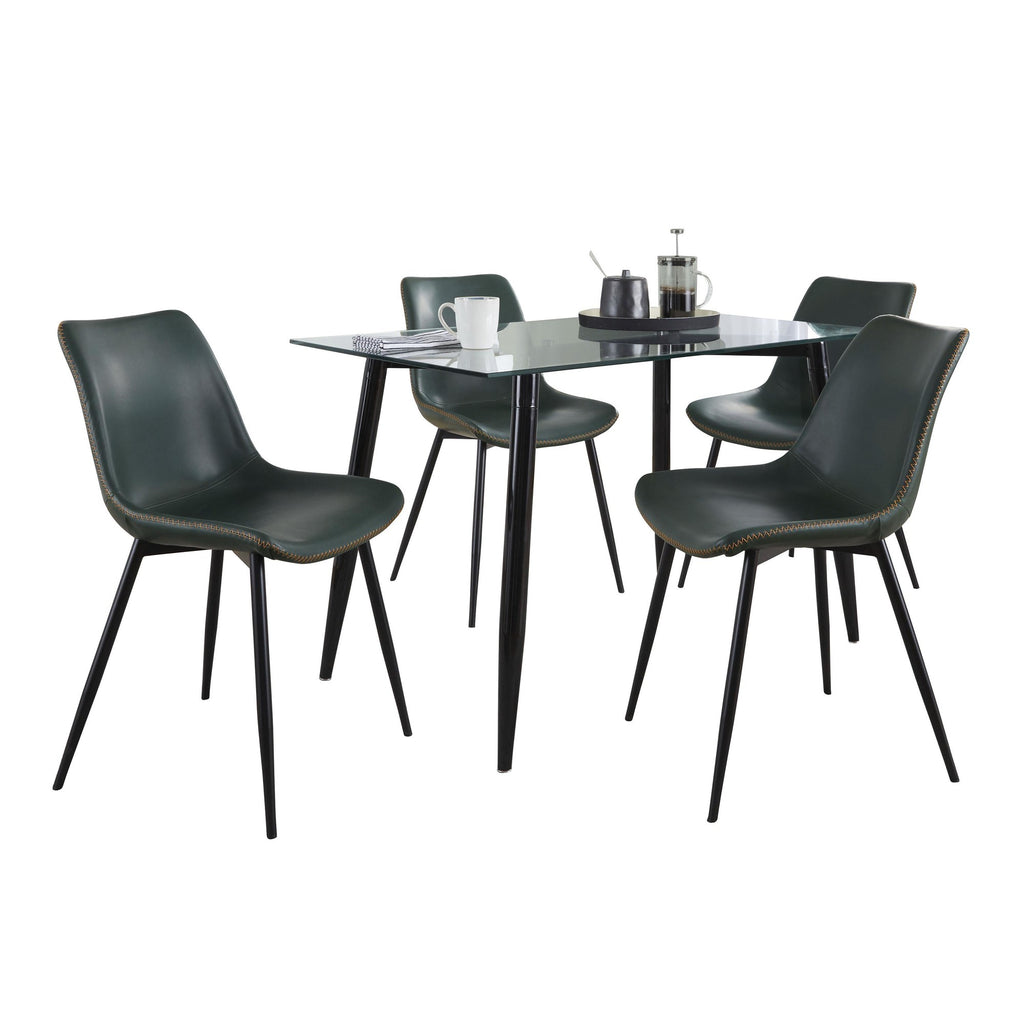 Clara-durango Dining Set - 5 Piece - Black Metal, Clear Glass, Green PU, Orange Zig Zag Stitching