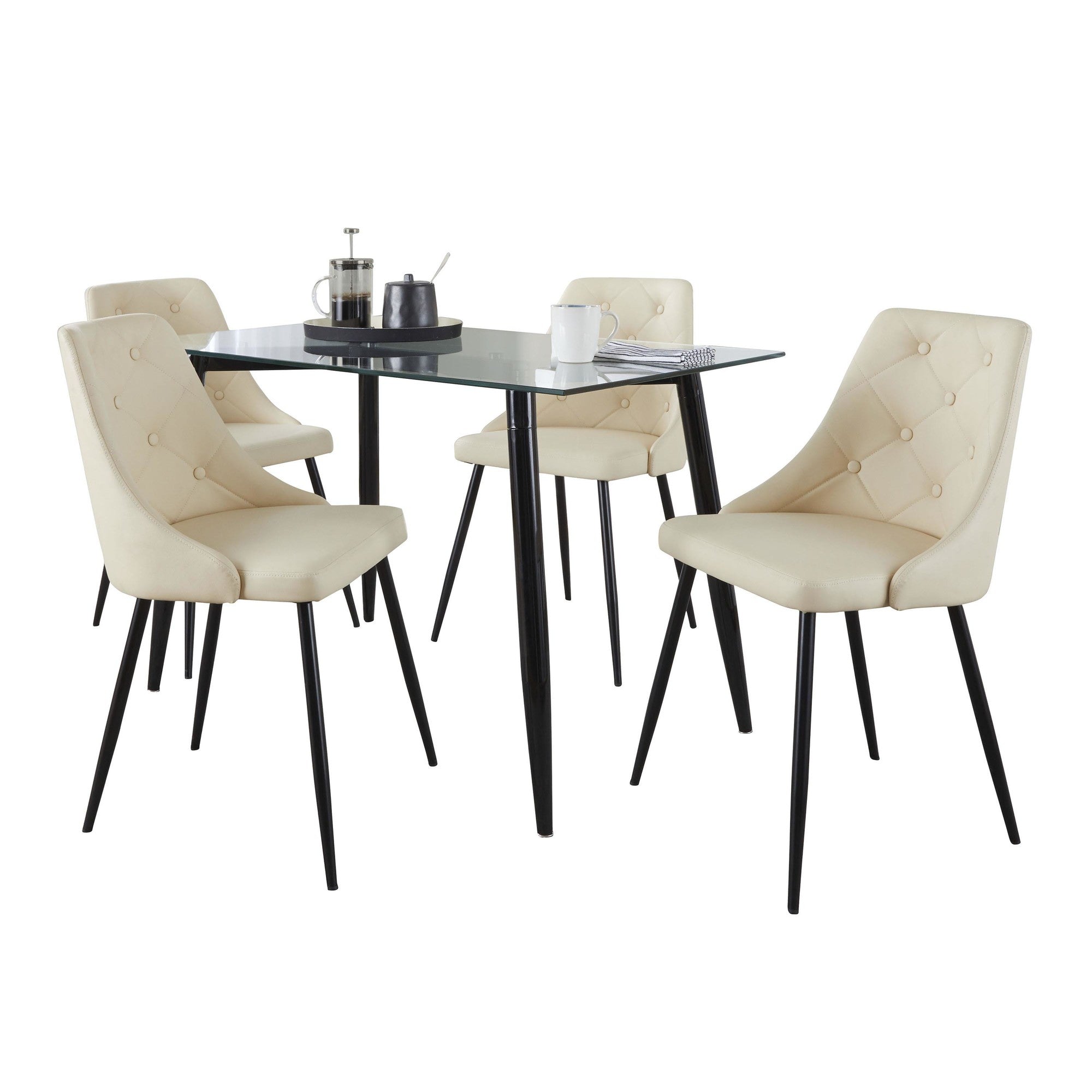 Clara-giovani Dining Set - 5 Piece - Black Metal, Clear Glass, Cream PU