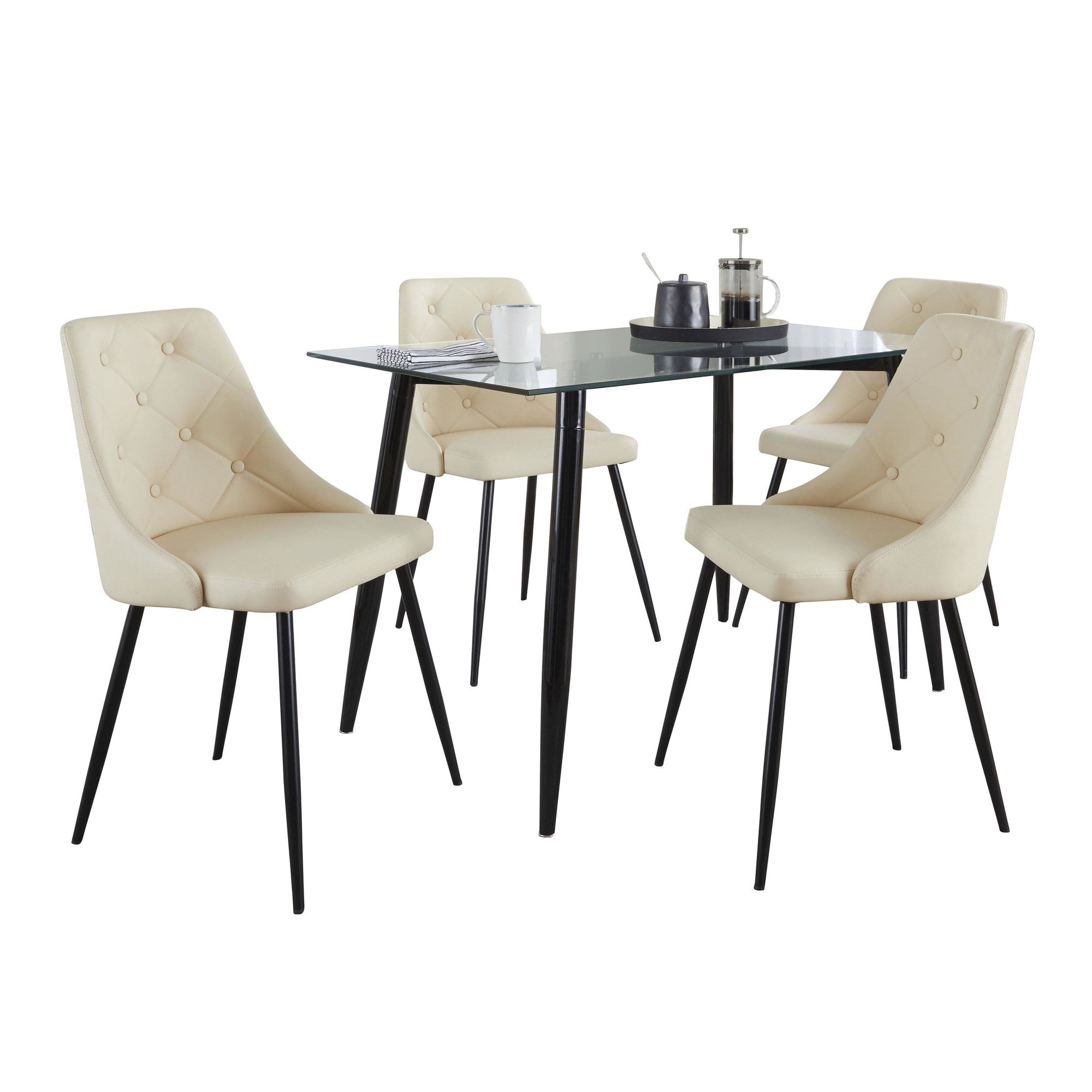 Clara-giovani Dining Set - 5 Piece - Black Metal, Clear Glass, Cream PU