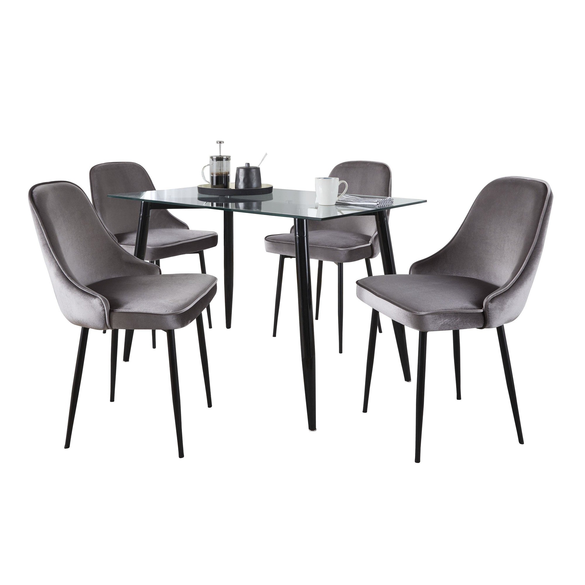 Clara-marcel Dining Set - 5 Piece - Black Metal, Clear Glass, Silver Velvet