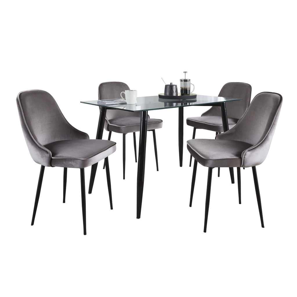 Clara-marcel Dining Set - 5 Piece - Black Metal, Clear Glass, Silver Velvet