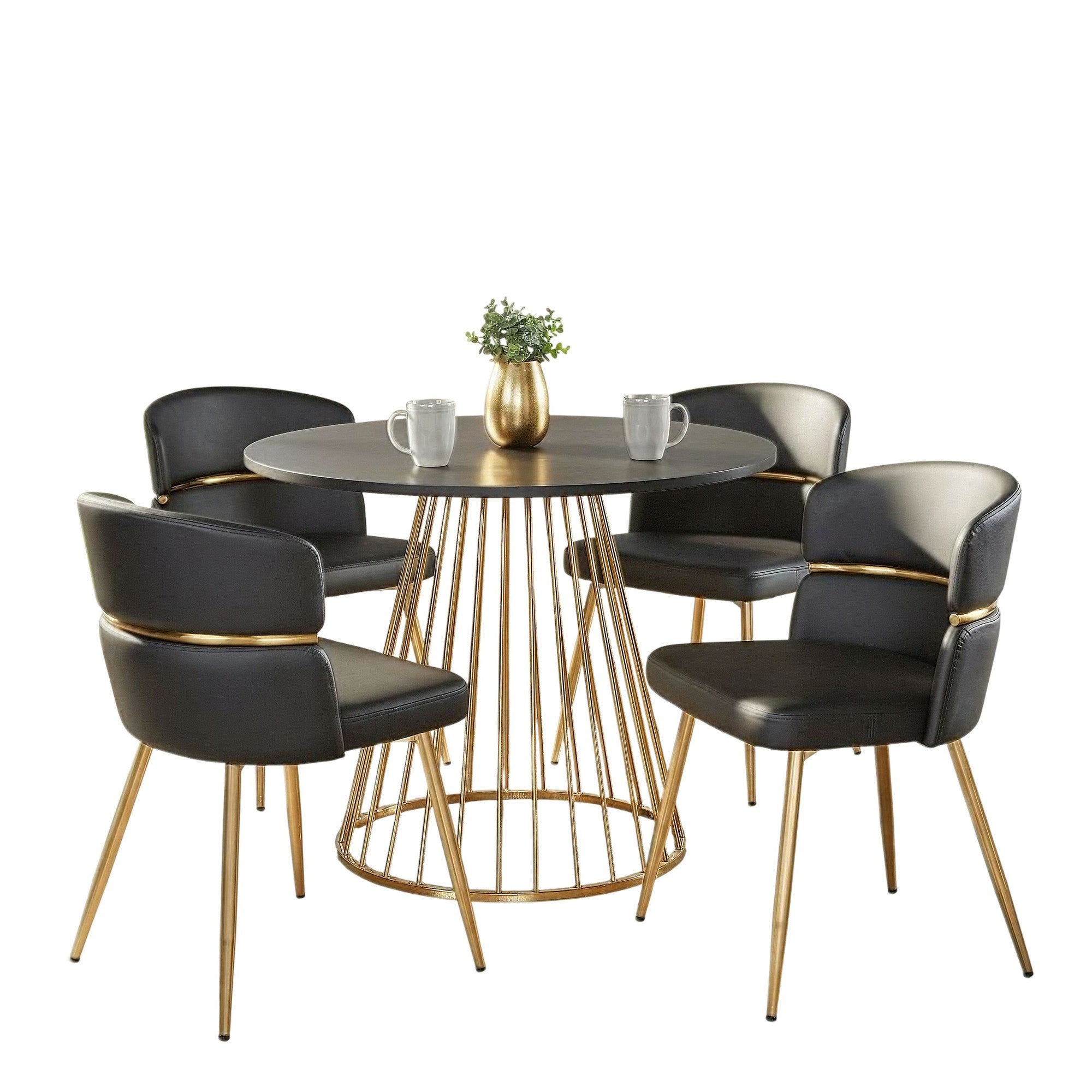 Canary-cinch Dining Set - 5 Piece - Gold Metal, Black MDF, Black PU