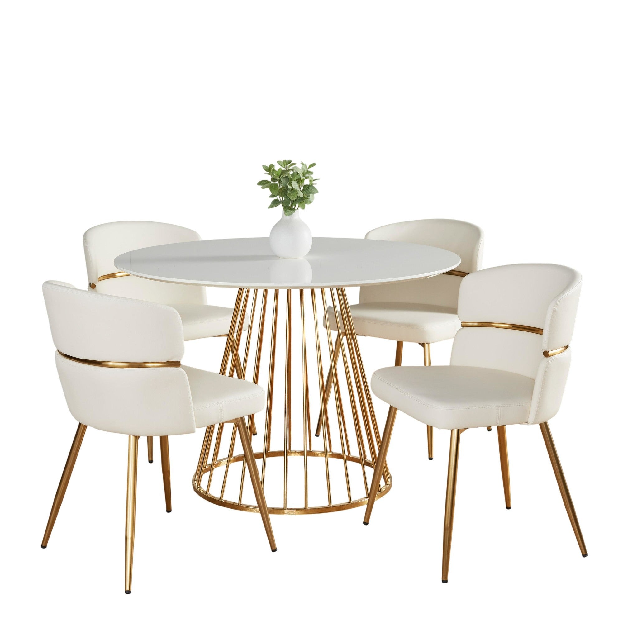 Canary-cinch Dining Set - 5 Piece - Gold Metal, White MDF, White PU