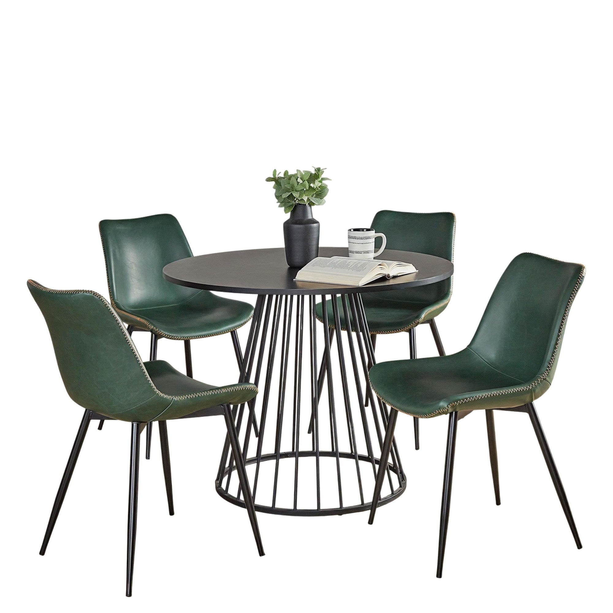 Canary-durango Dining Set - 5 Piece - Black Metal, Black MDF, Green PU