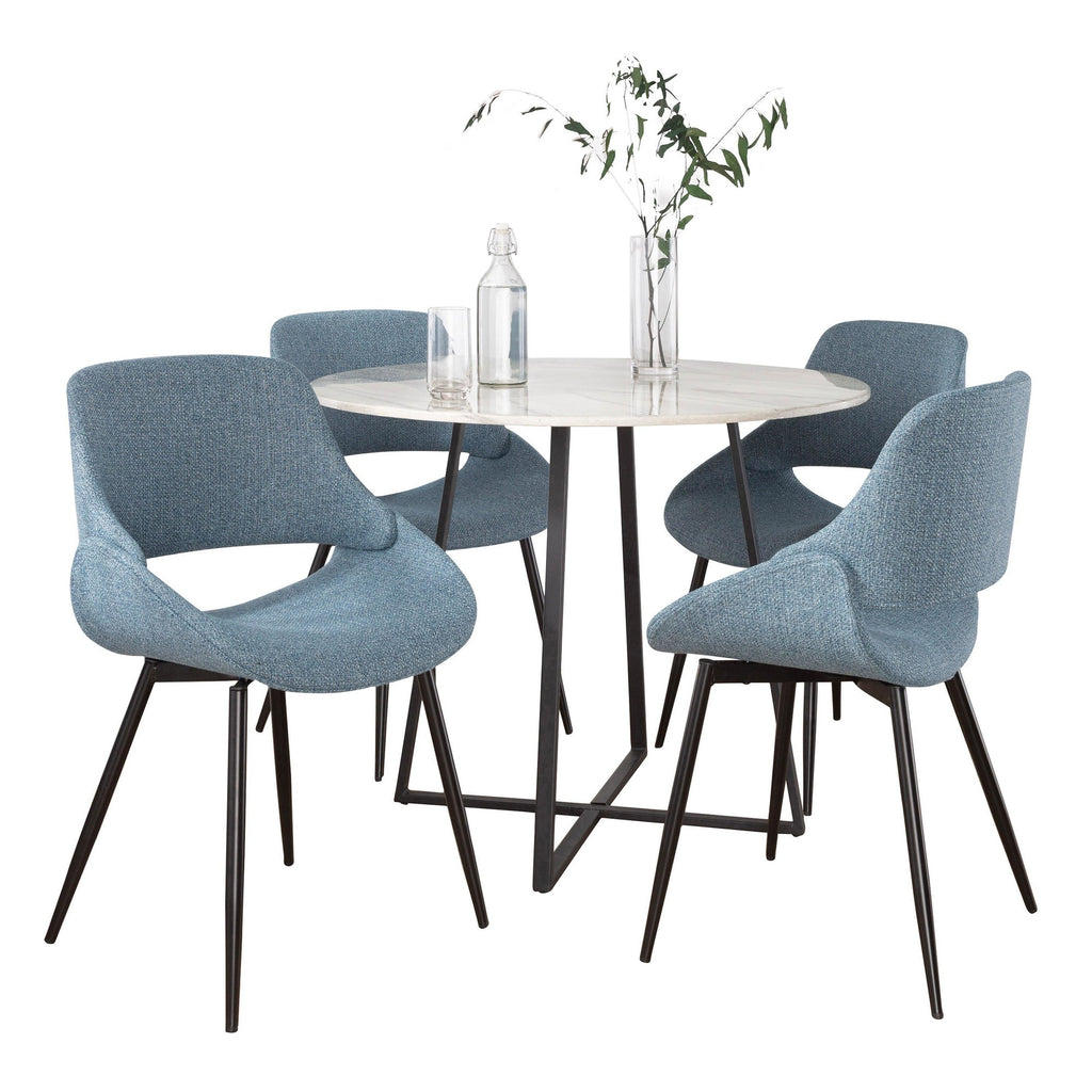 Cosmo-fabrico Dining Set - 5 Piece - Black Metal, White Marble, Blue Fabric
