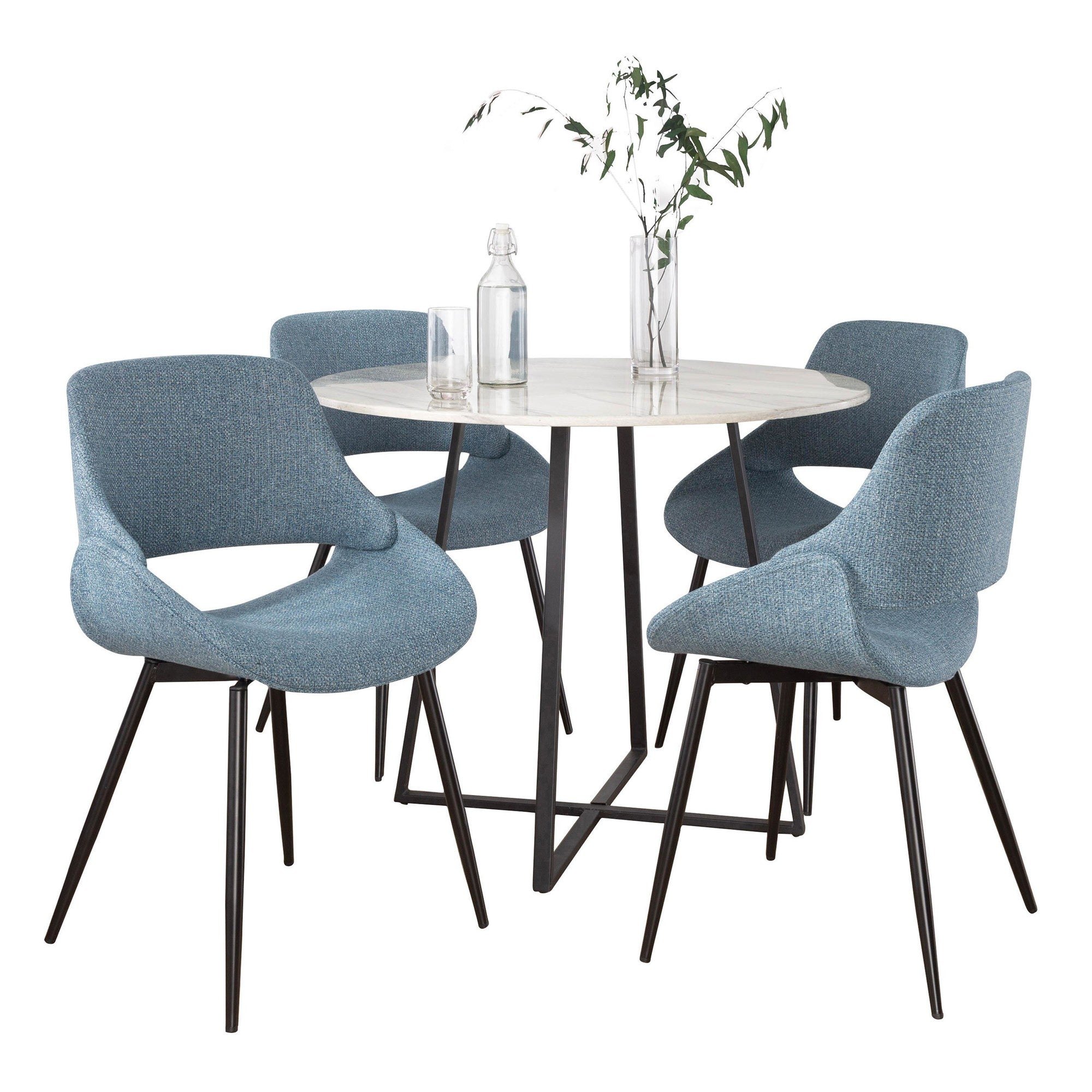 Cosmo-fabrico Dining Set - 5 Piece - Black Metal, White Marble, Blue Fabric