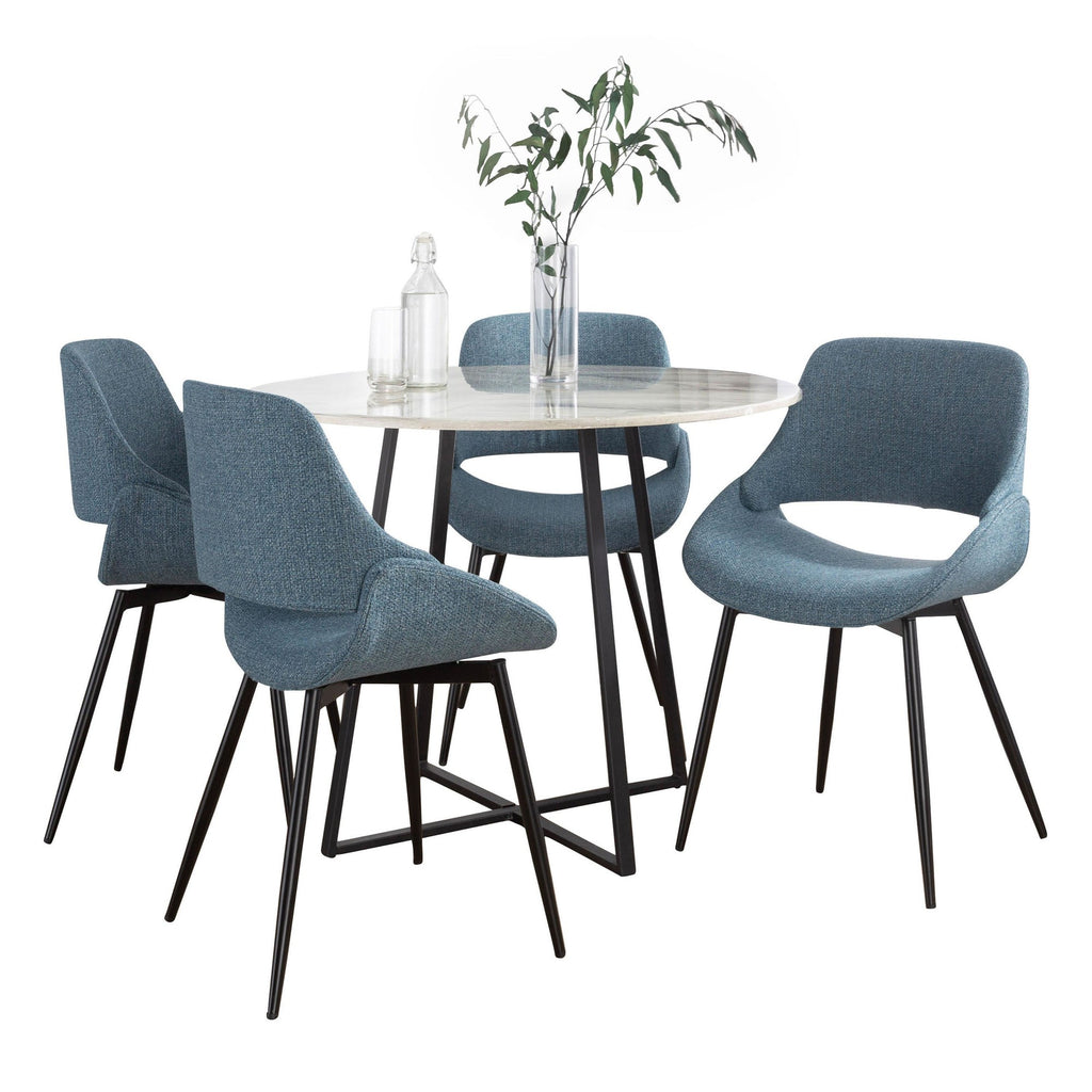 Cosmo-fabrico Dining Set - 5 Piece - Black Metal, White Marble, Blue Fabric
